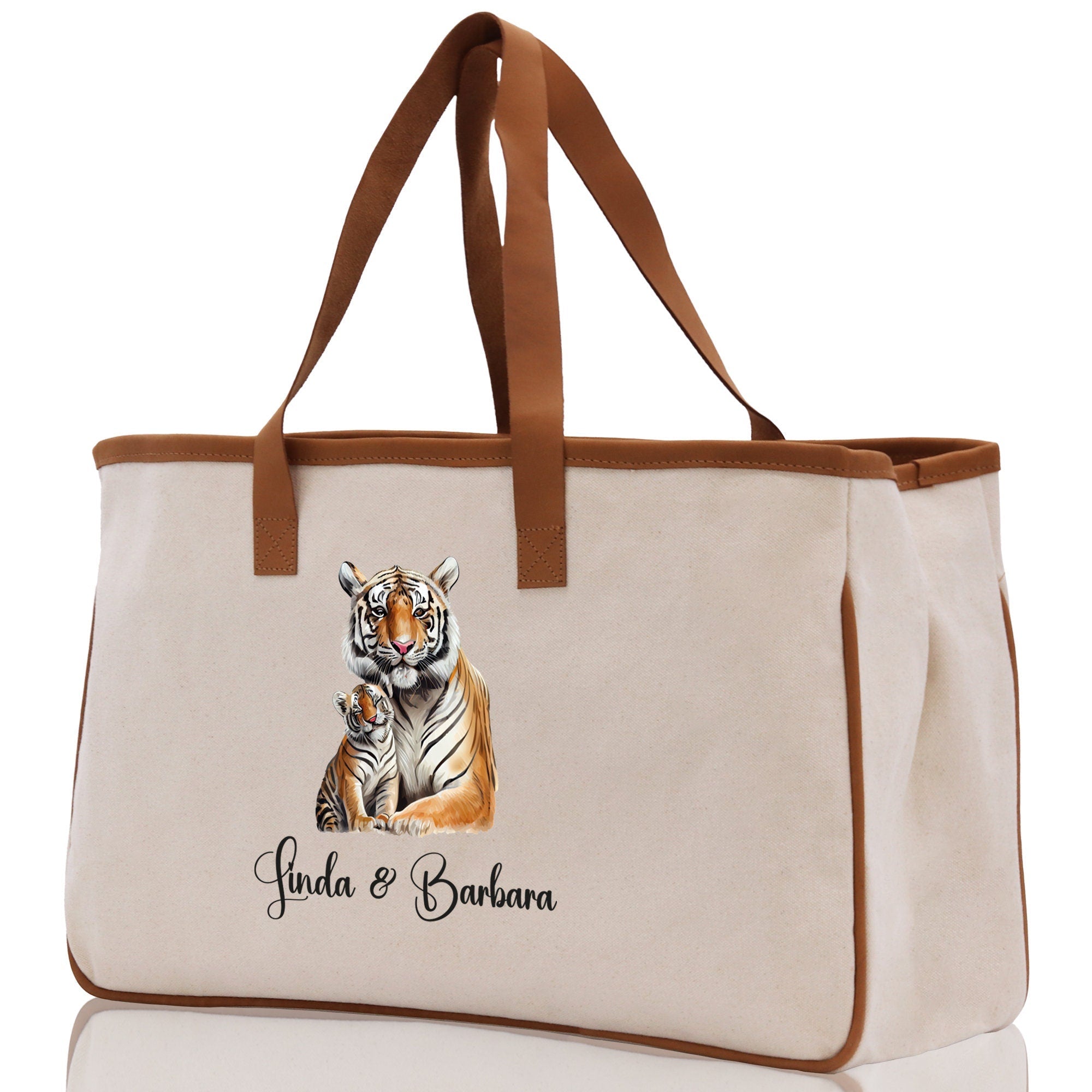 Tiger Mom And Baby Name Custom Cotton Canvas Tote Bag Custom Pet Lover Gift Pet Portrait Bag Personalized Pet Owner Gift Tote Bag