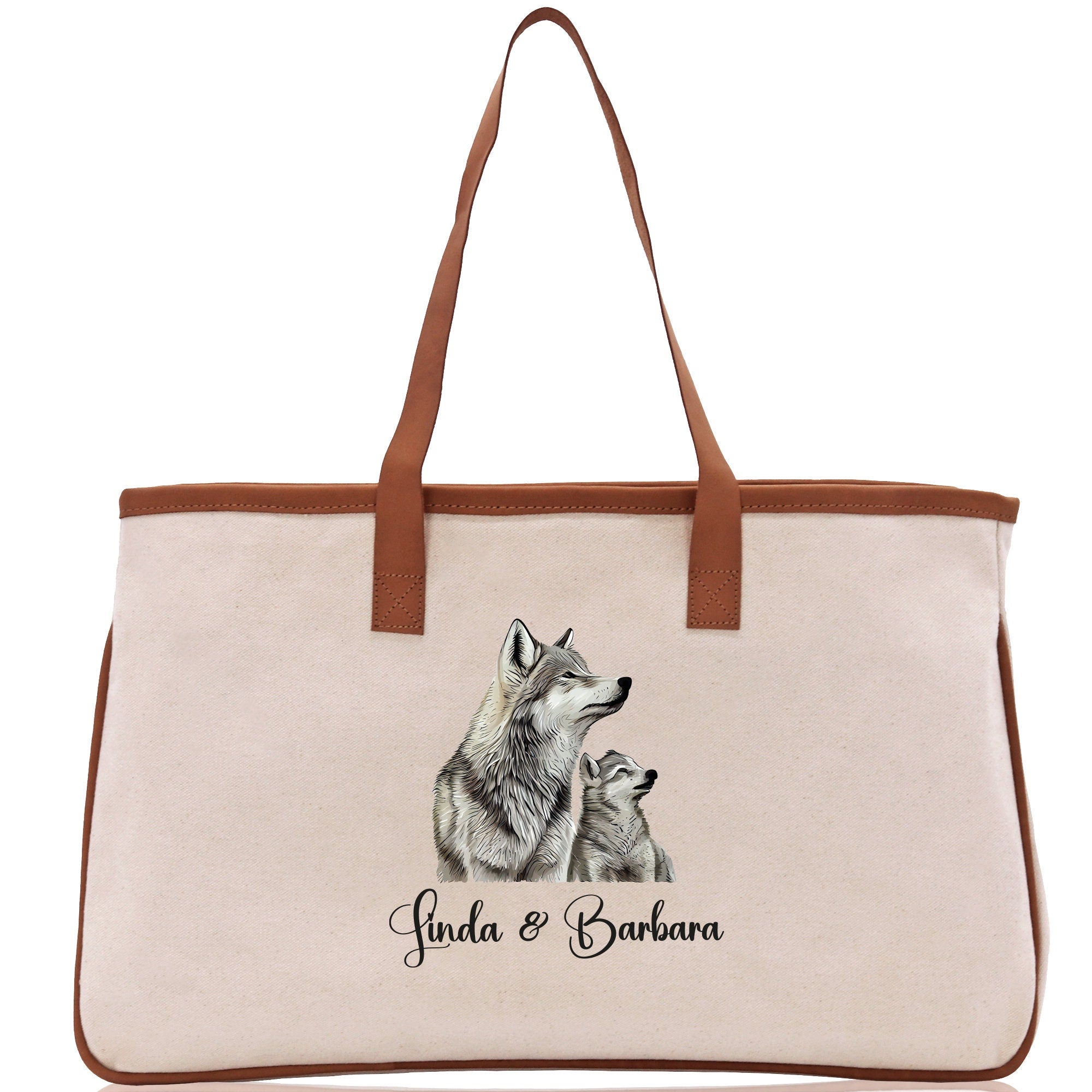 Wolf Mom And Baby Name Custom Cotton Canvas Tote Bag Custom Pet Lover Gift Pet Portrait Bag Personalized Pet Owner Gift Tote Bag