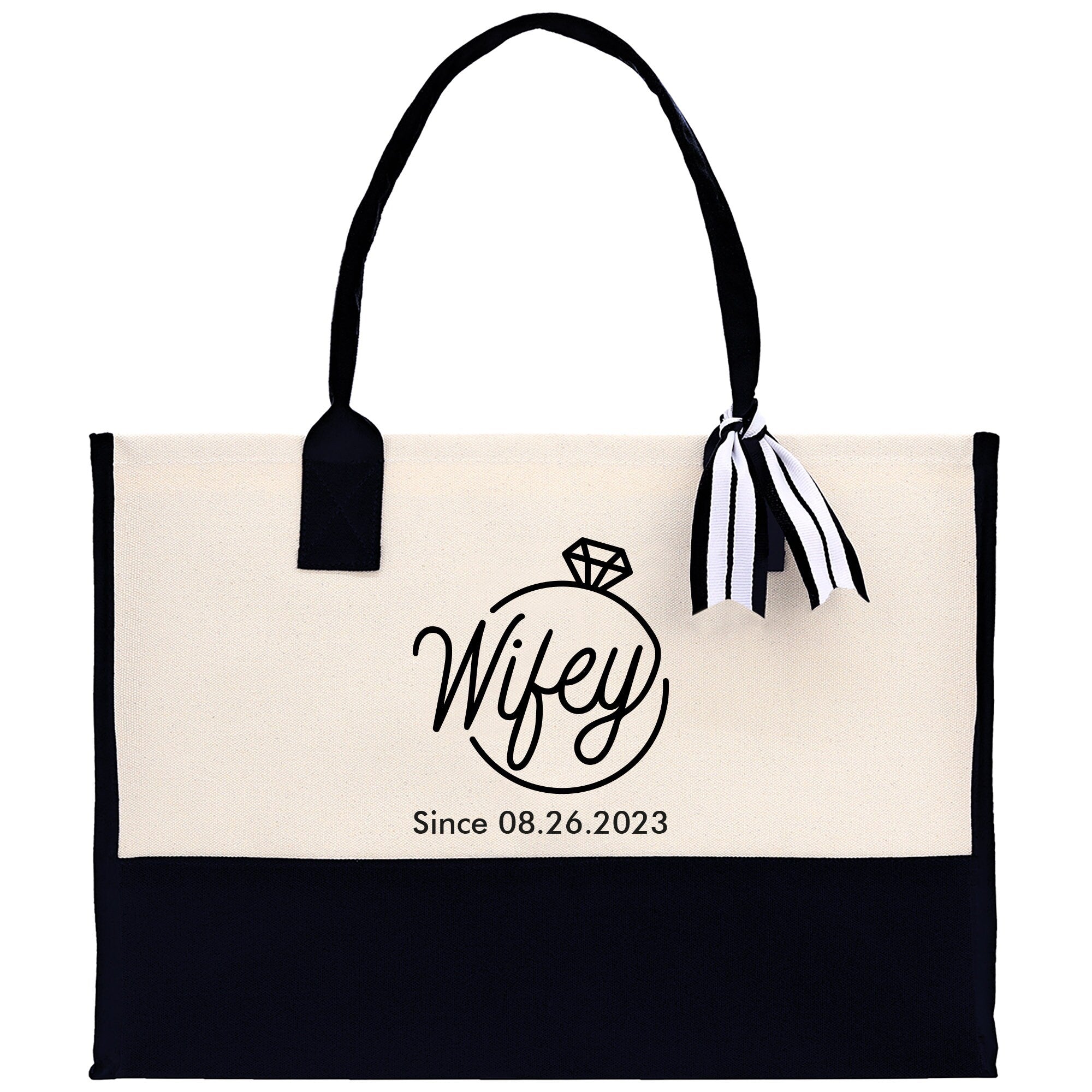 Wifey Personalization Cotton Canvas Tote Bag Bridal Party Tote Anniversary Gift For Wife Honeymoon Tote Est Year Tote Bag Engagement Gift