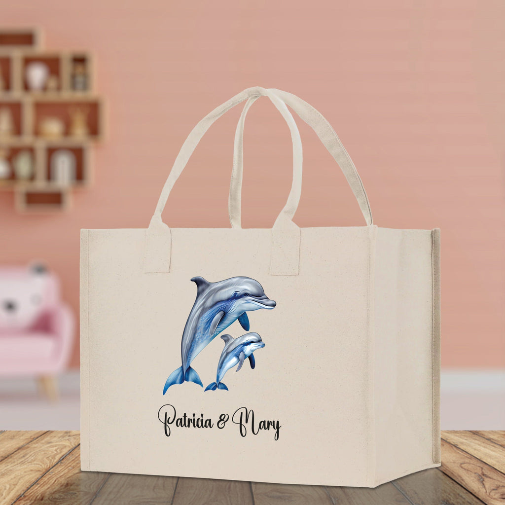 Dolphin Mom And Baby Name Custom Cotton Canvas Tote Bag Custom Pet Lover Gift Pet Portrait Bag Personalized Pet Owner Gift Tote Bag