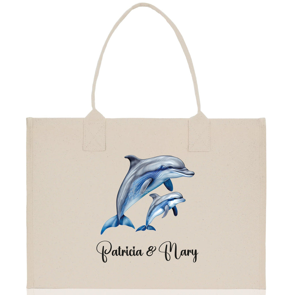 Dolphin Mom And Baby Name Custom Cotton Canvas Tote Bag Custom Pet Lover Gift Pet Portrait Bag Personalized Pet Owner Gift Tote Bag