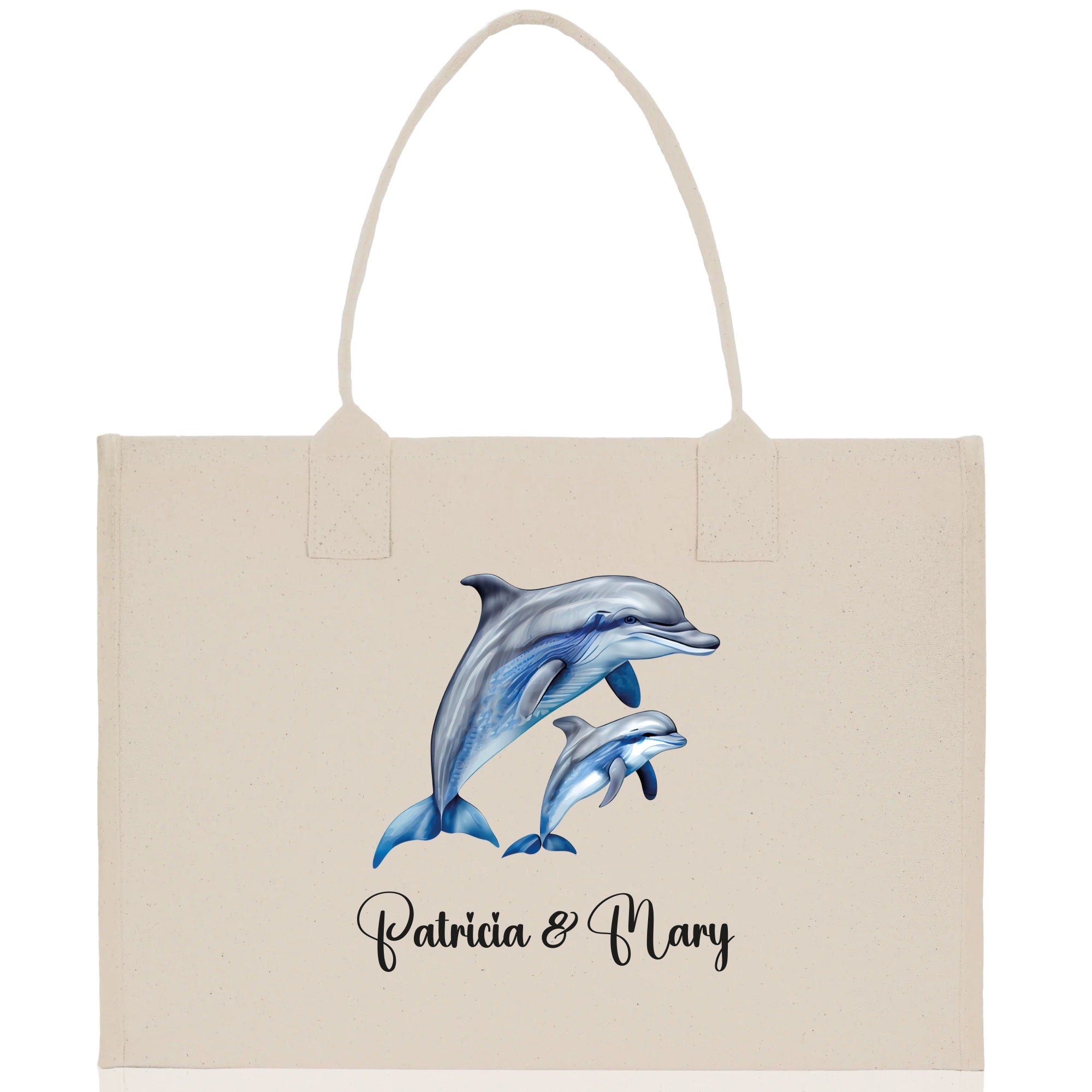 Dolphin Mom And Baby Name Custom Cotton Canvas Tote Bag Custom Pet Lover Gift Pet Portrait Bag Personalized Pet Owner Gift Tote Bag
