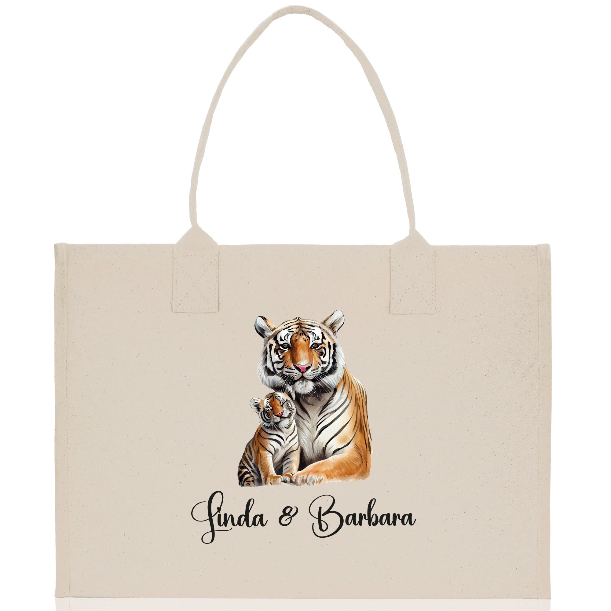 Tiger Mom And Baby Name Custom Cotton Canvas Tote Bag Custom Pet Lover Gift Pet Portrait Bag Personalized Pet Owner Gift Tote Bag