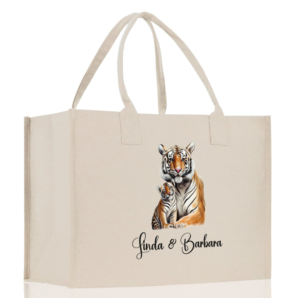 Tiger Mom And Baby Name Custom Cotton Canvas Tote Bag Custom Pet Lover Gift Pet Portrait Bag Personalized Pet Owner Gift Tote Bag