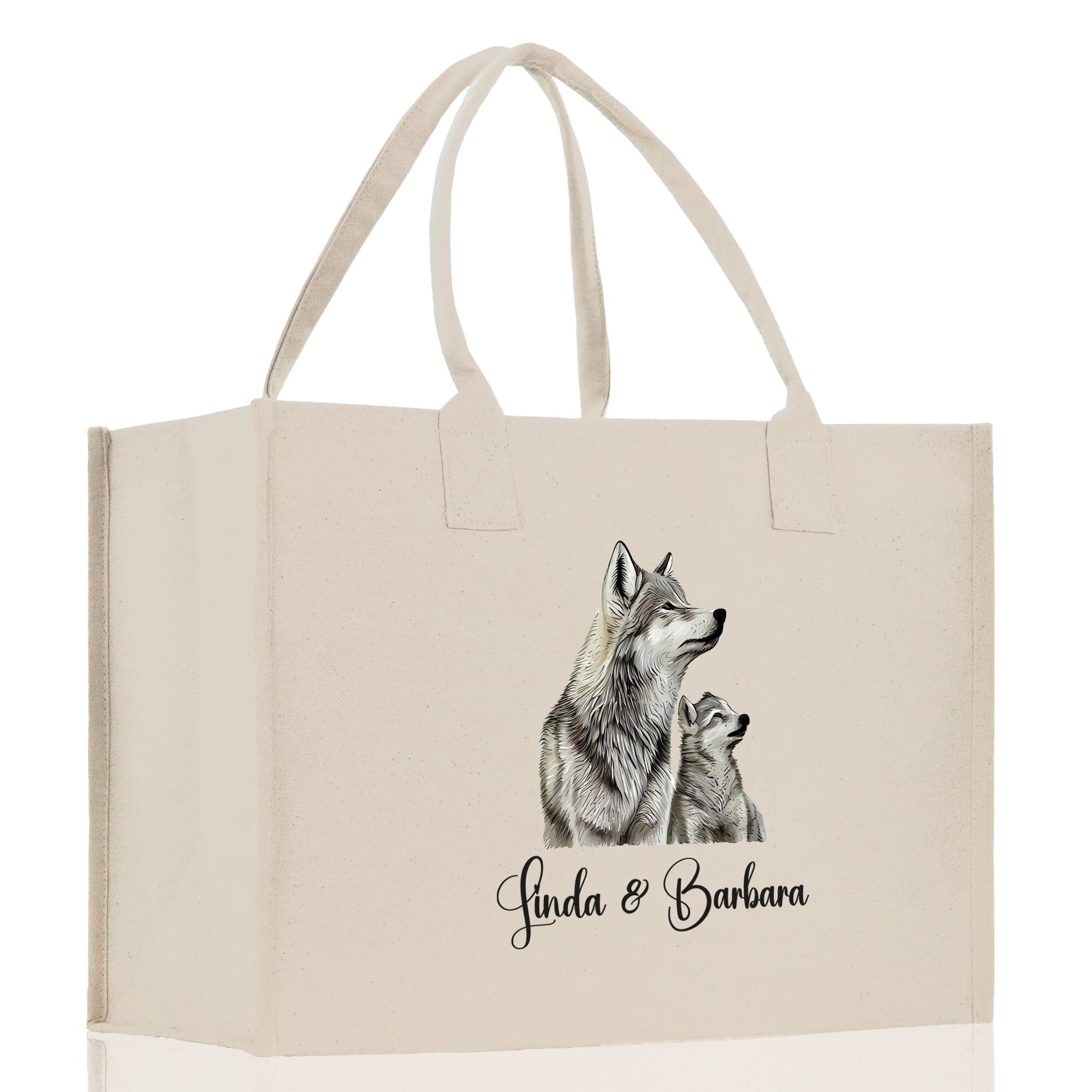 Wolf Mom And Baby Name Custom Cotton Canvas Tote Bag Custom Pet Lover Gift Pet Portrait Bag Personalized Pet Owner Gift Tote Bag