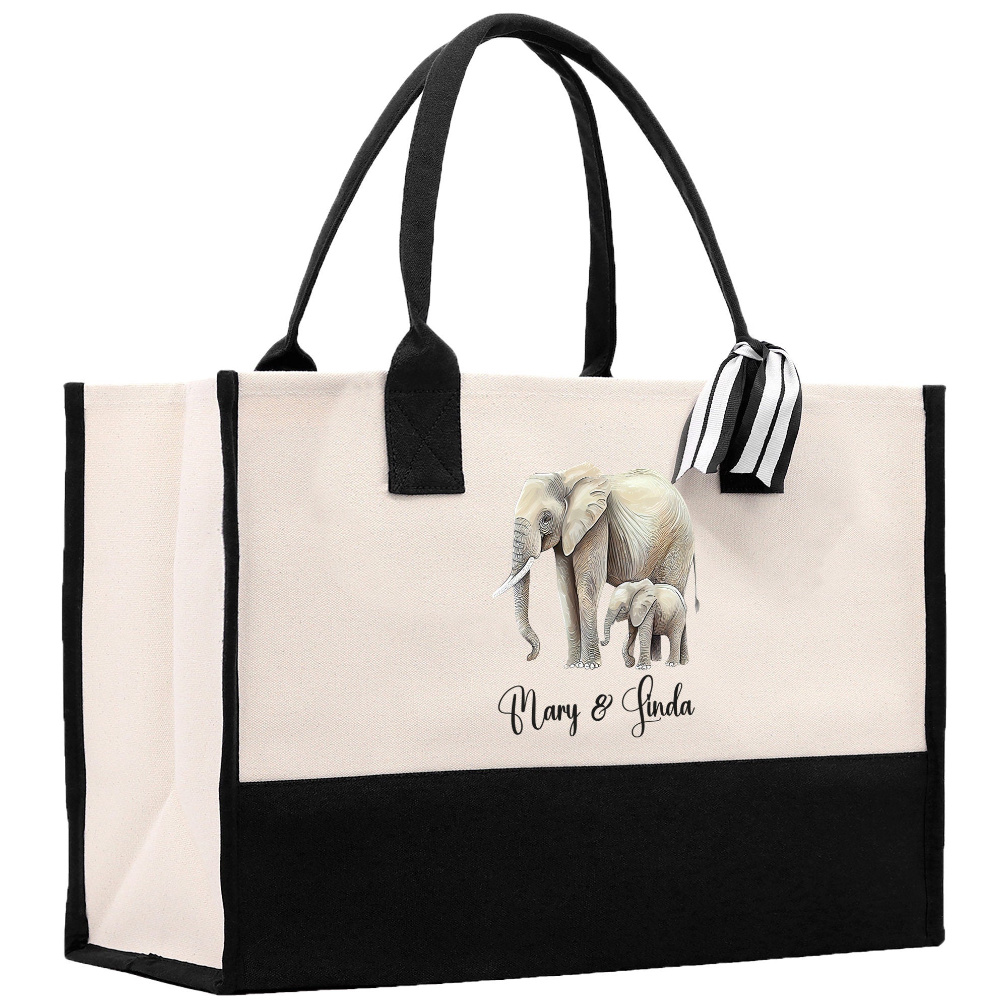 Elephant Mom And Baby Name Custom Cotton Canvas Tote Bag Custom Pet Lover Gift Pet Portrait Bag Personalized Pet Owner Gift Tote Bag