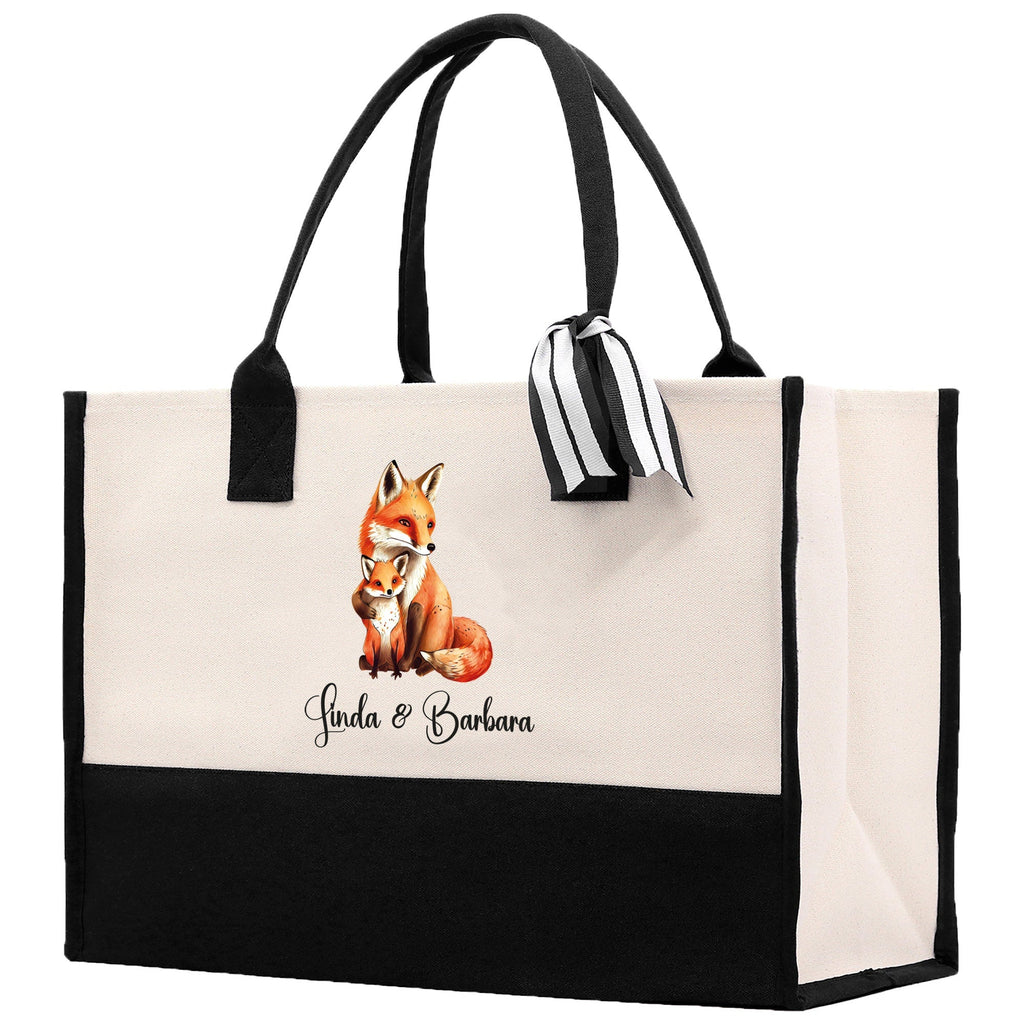 Fox Mom And Baby Name Custom Cotton Canvas Tote Bag Custom Pet Lover Gift Pet Portrait Bag Personalized Pet Owner Gift Tote Bag