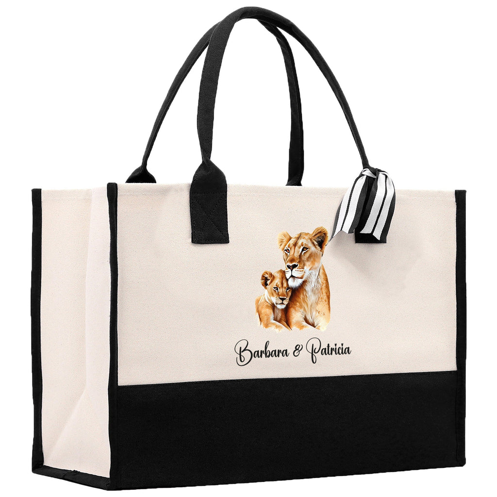 Lion Mom And Baby Name Custom Cotton Canvas Tote Bag Custom Pet Lover Gift Pet Portrait Bag Personalized Pet Owner Gift Tote Bag
