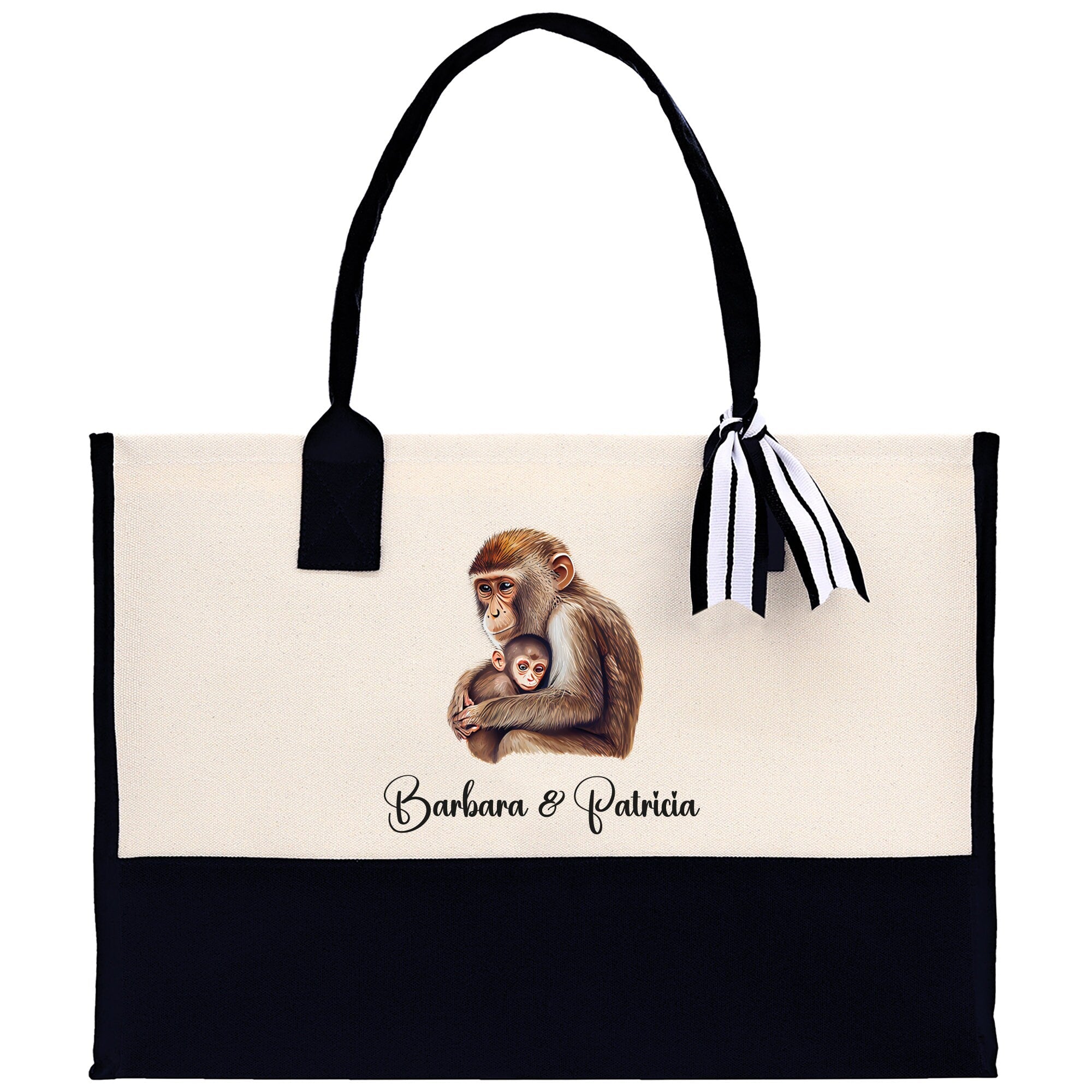 Monkey Mom And Baby Name Custom Cotton Canvas Tote Bag Custom Pet Lover Gift Pet Portrait Bag Personalized Pet Owner Gift Tote Bag