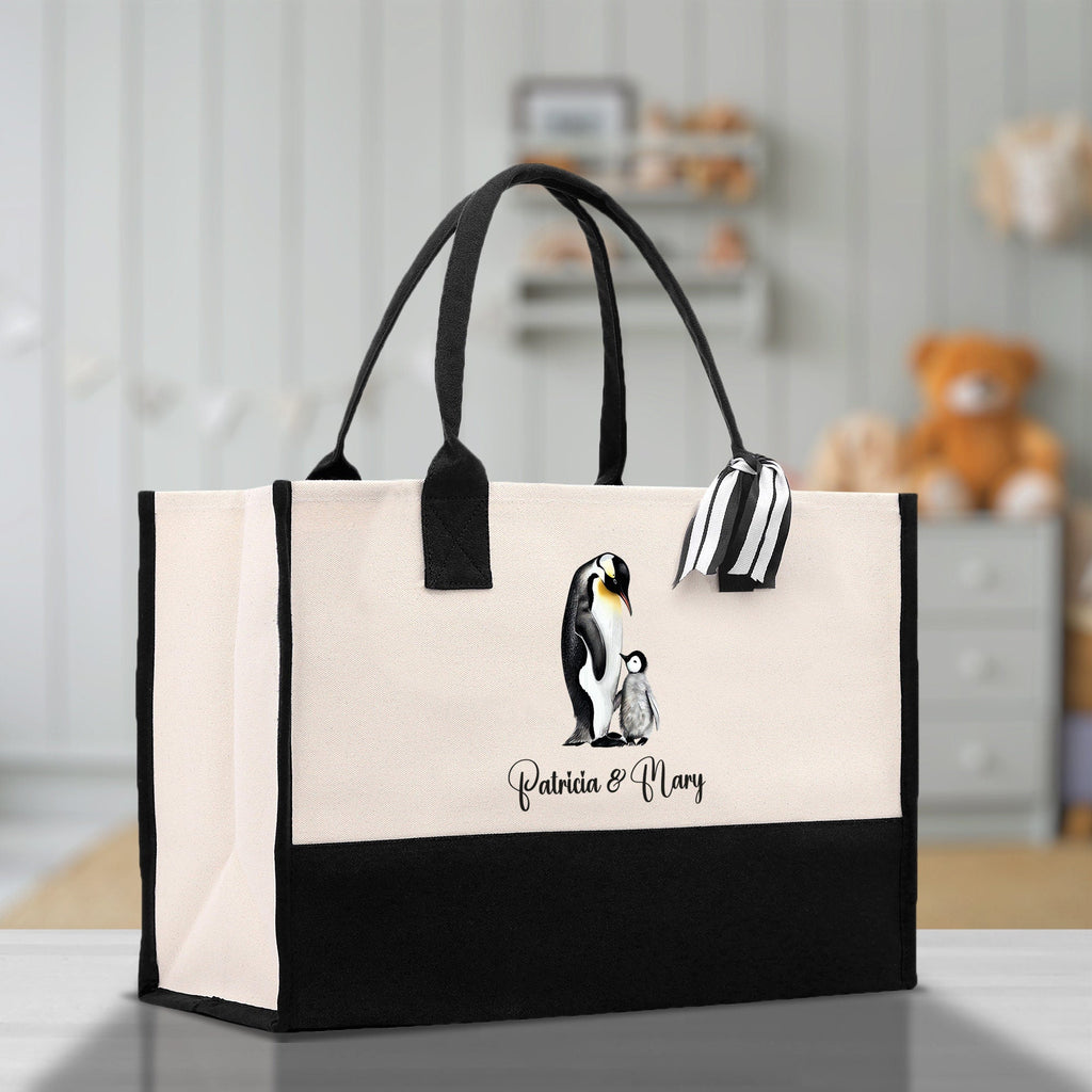 Penguin Mom And Baby Name Custom Cotton Canvas Tote Bag Custom Pet Lover Gift Pet Portrait Bag Personalized Pet Owner Gift Tote Bag