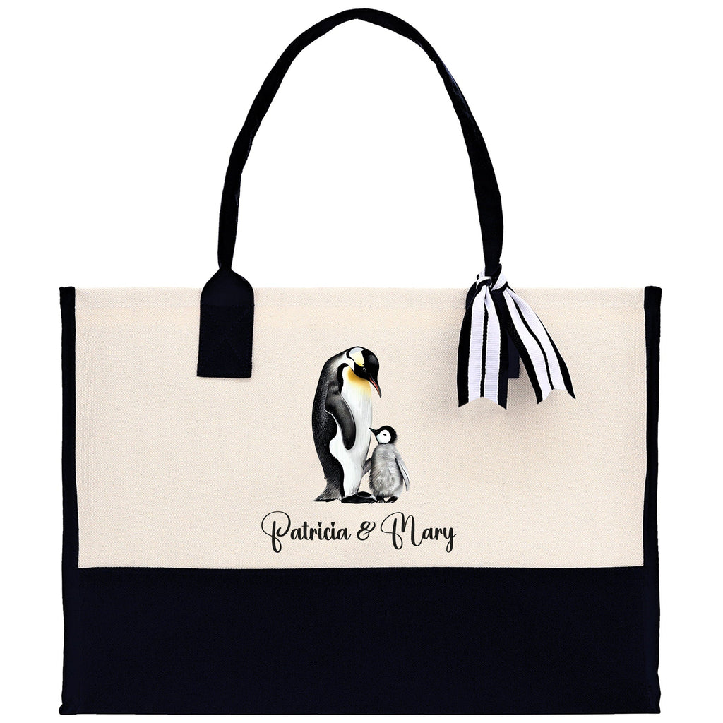Penguin Mom And Baby Name Custom Cotton Canvas Tote Bag Custom Pet Lover Gift Pet Portrait Bag Personalized Pet Owner Gift Tote Bag