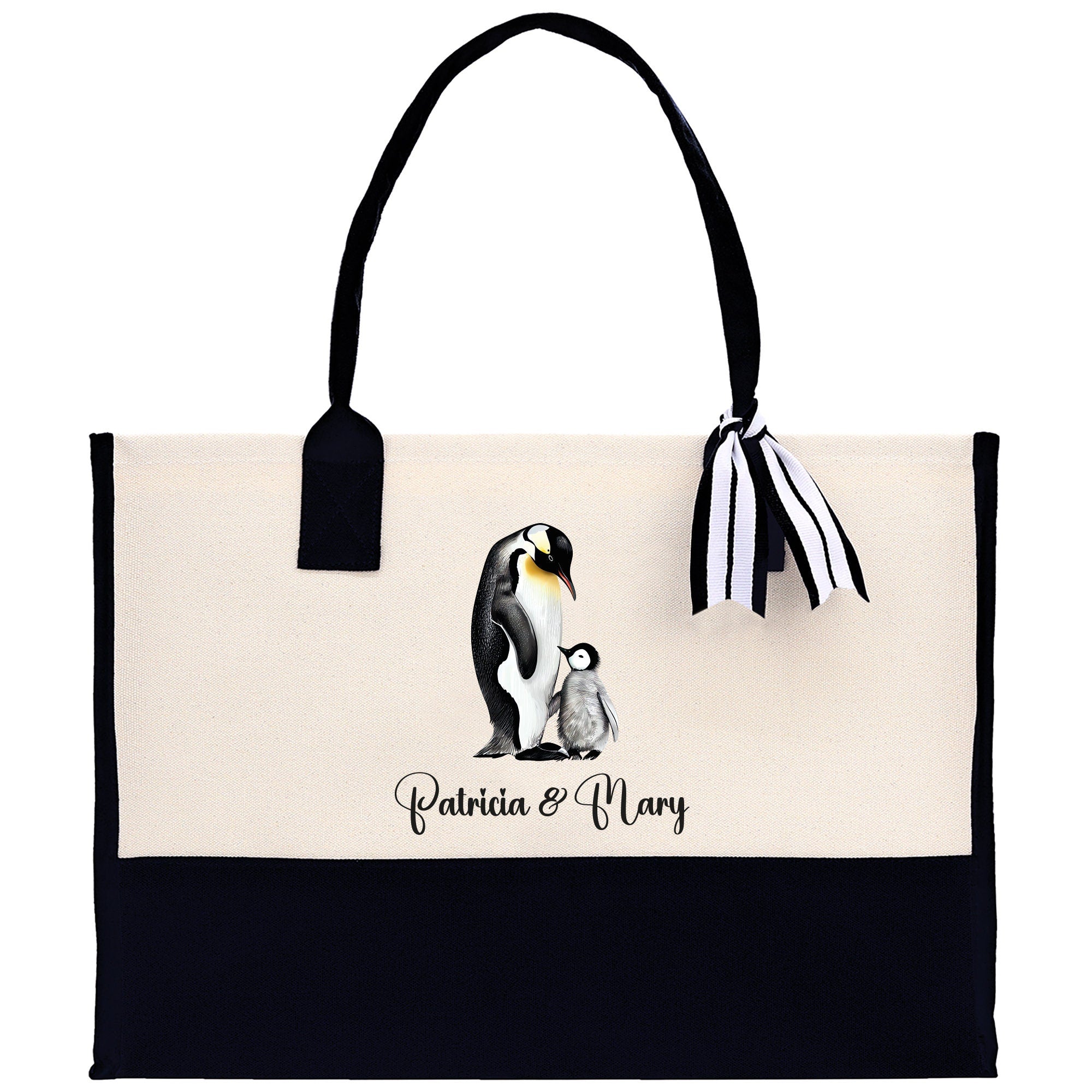 Penguin Mom And Baby Name Custom Cotton Canvas Tote Bag Custom Pet Lover Gift Pet Portrait Bag Personalized Pet Owner Gift Tote Bag