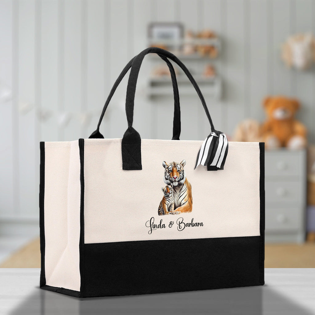 Tiger Mom And Baby Name Custom Cotton Canvas Tote Bag Custom Pet Lover Gift Pet Portrait Bag Personalized Pet Owner Gift Tote Bag