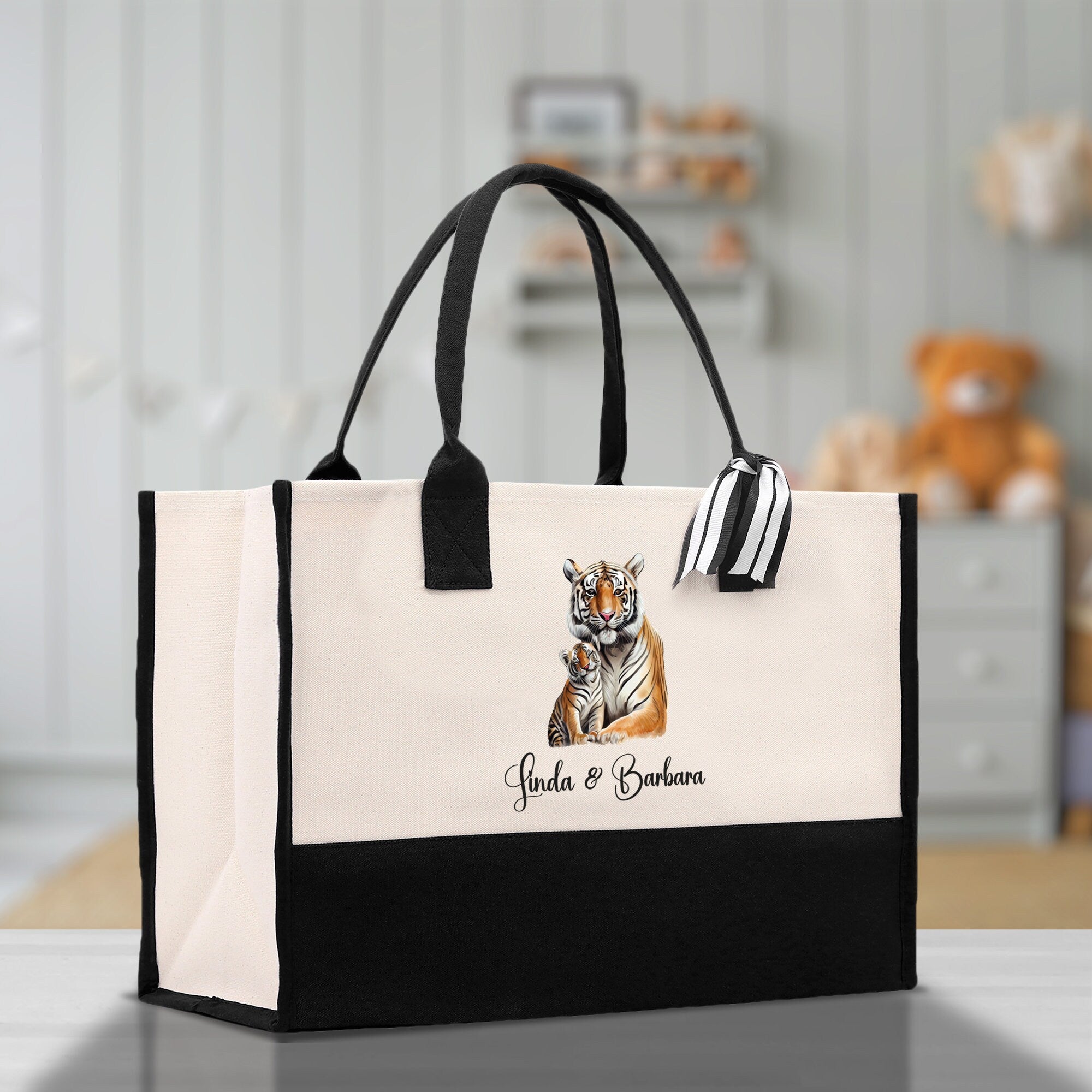 Tiger Mom And Baby Name Custom Cotton Canvas Tote Bag Custom Pet Lover Gift Pet Portrait Bag Personalized Pet Owner Gift Tote Bag
