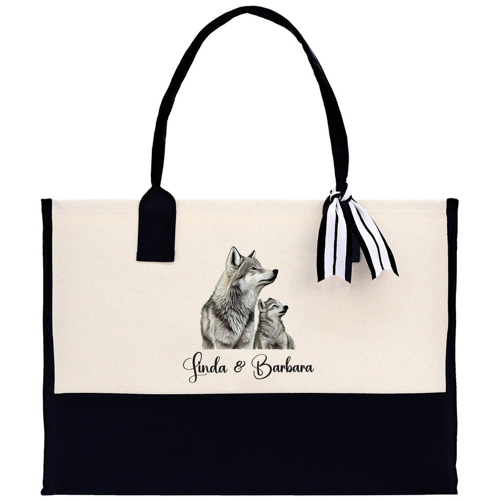 Wolf Mom And Baby Name Custom Cotton Canvas Tote Bag Custom Pet Lover Gift Pet Portrait Bag Personalized Pet Owner Gift Tote Bag