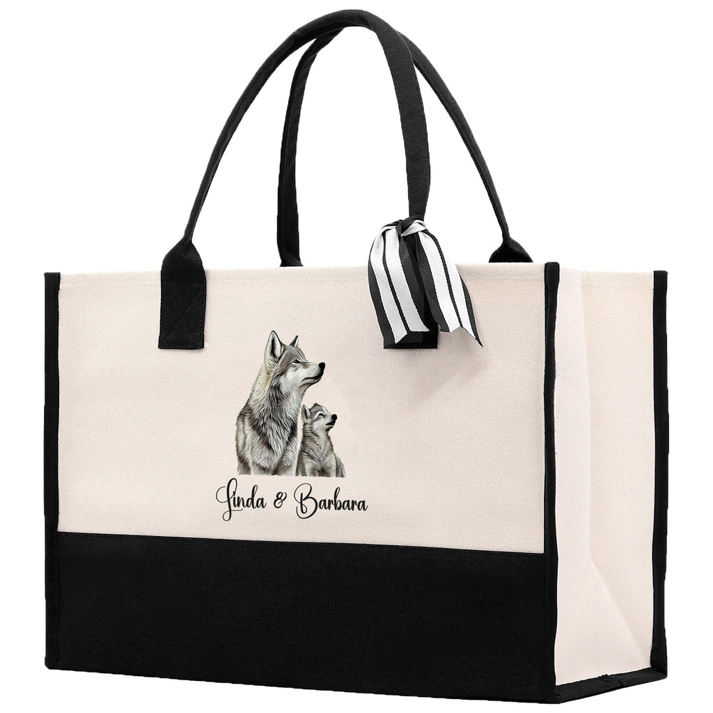 Wolf Mom And Baby Name Custom Cotton Canvas Tote Bag Custom Pet Lover Gift Pet Portrait Bag Personalized Pet Owner Gift Tote Bag