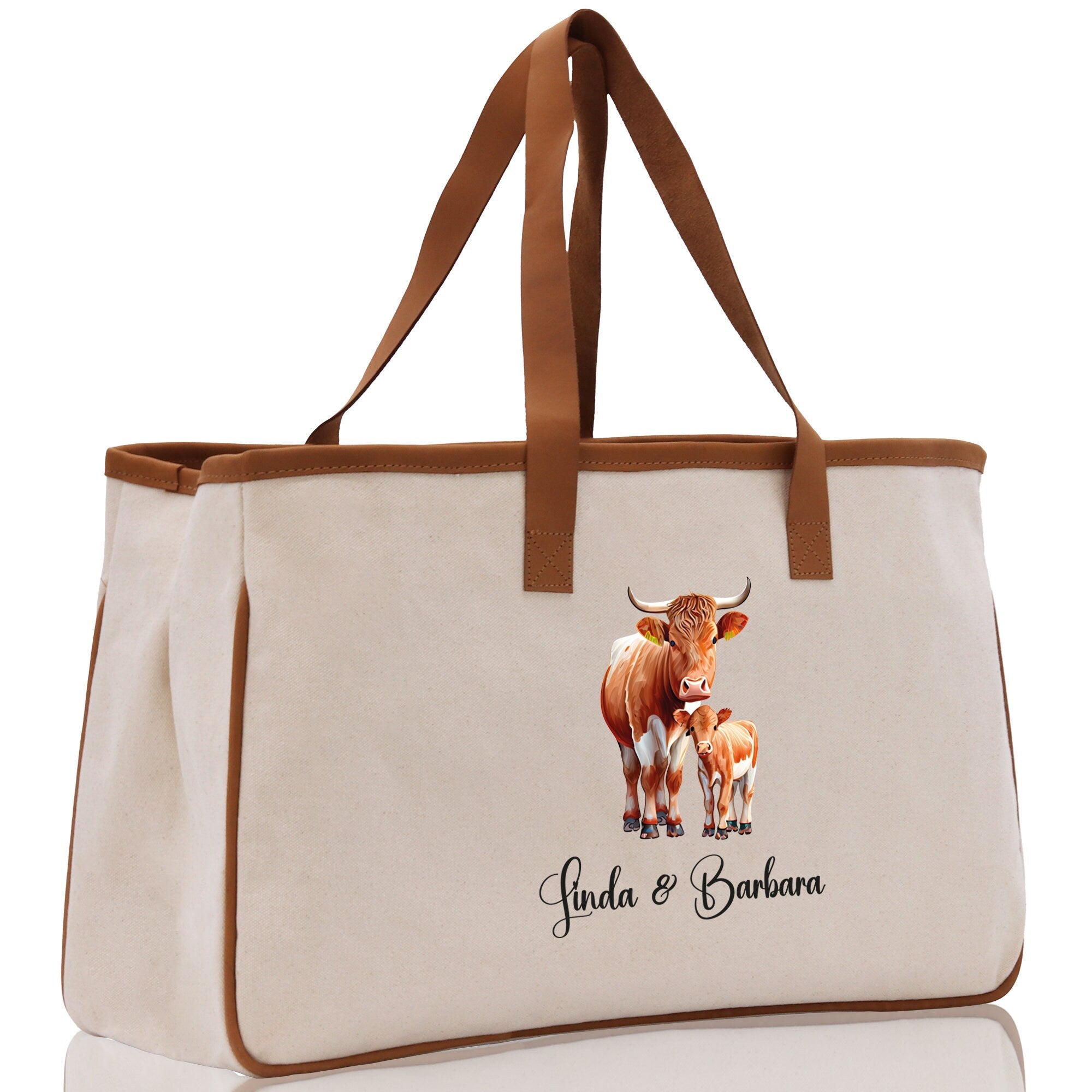 Cow Mom And Baby Name Custom Cotton Canvas Tote Bag Custom Pet Lover Gift Pet Portrait Bag Personalized Pet Owner Gift Tote Bag