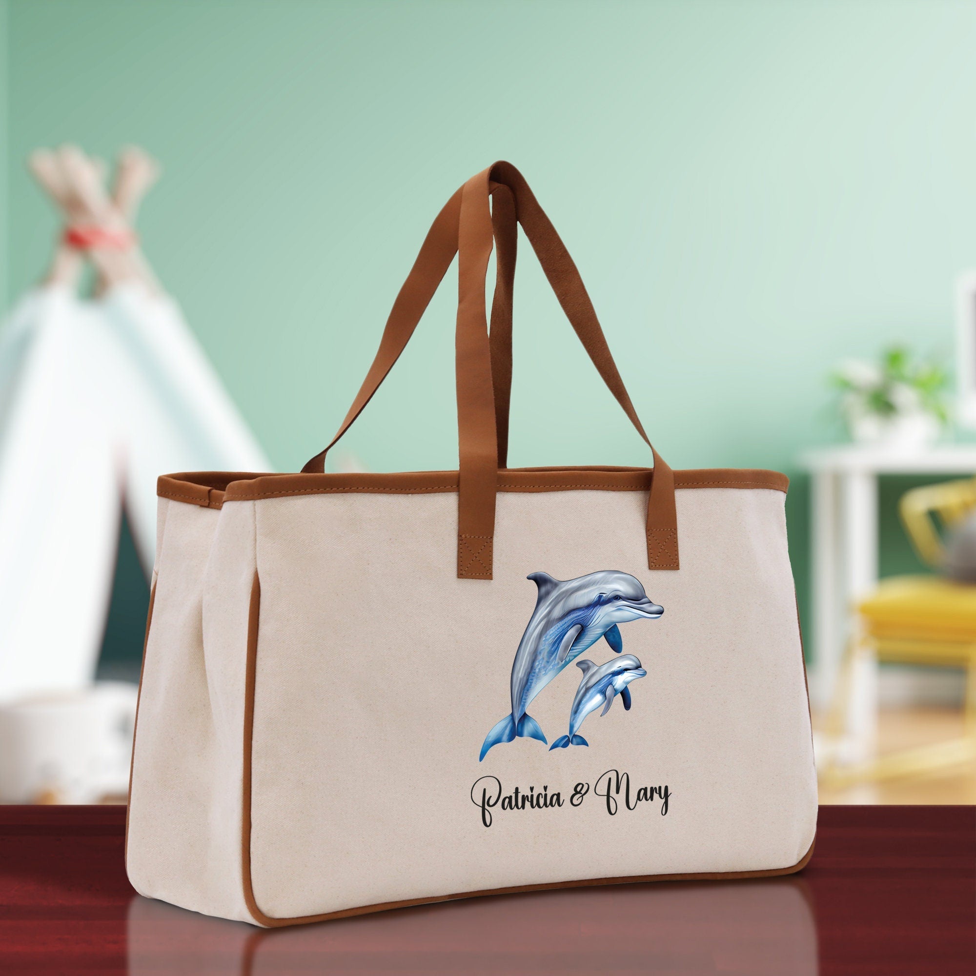Dolphin Mom And Baby Name Custom Cotton Canvas Tote Bag Custom Pet Lover Gift Pet Portrait Bag Personalized Pet Owner Gift Tote Bag