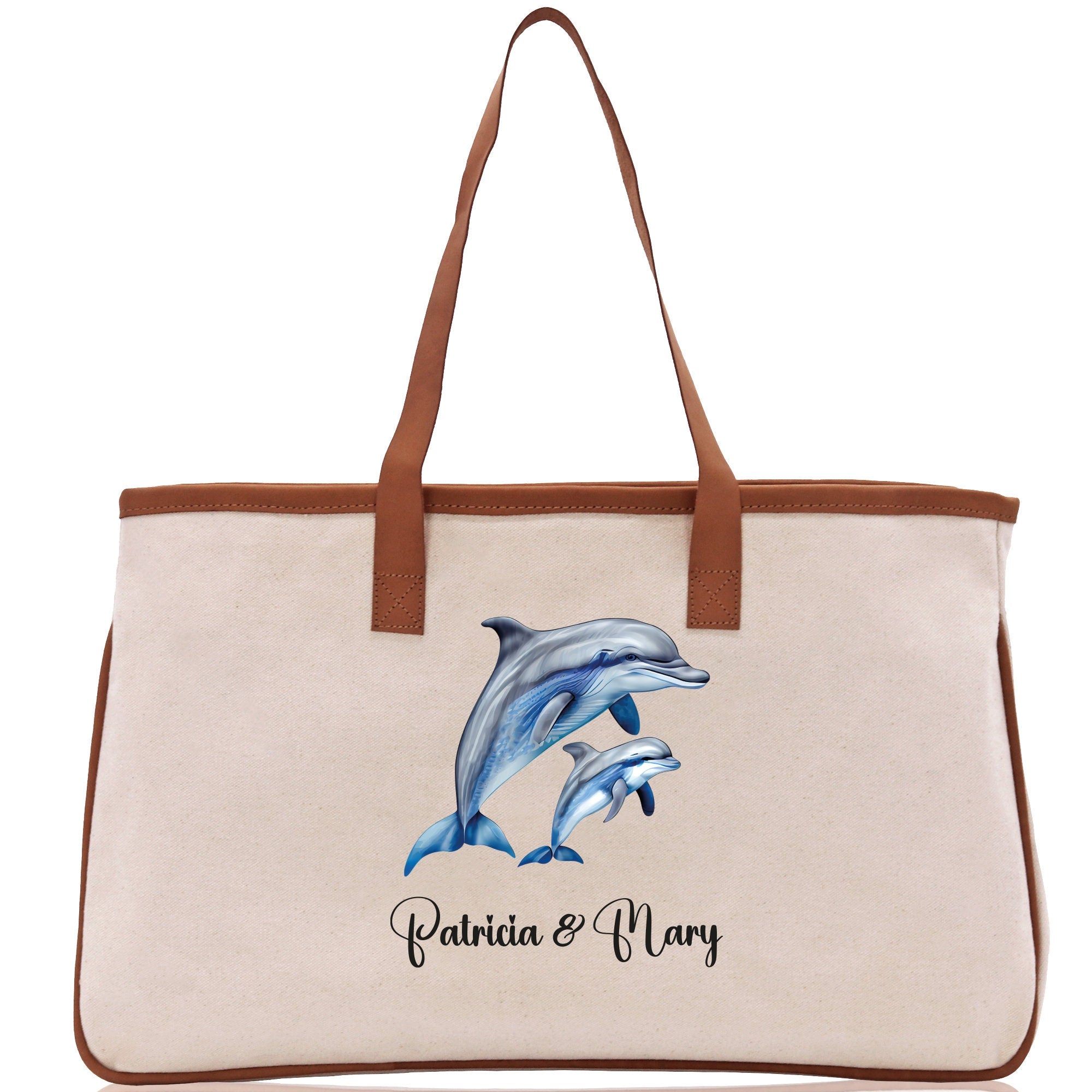 Dolphin Mom And Baby Name Custom Cotton Canvas Tote Bag Custom Pet Lover Gift Pet Portrait Bag Personalized Pet Owner Gift Tote Bag