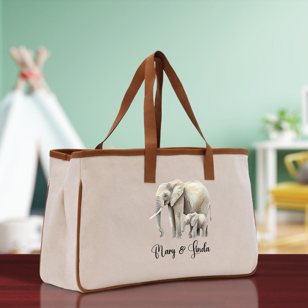 Elephant Mom And Baby Name Custom Cotton Canvas Tote Bag Custom Pet Lover Gift Pet Portrait Bag Personalized Pet Owner Gift Tote Bag