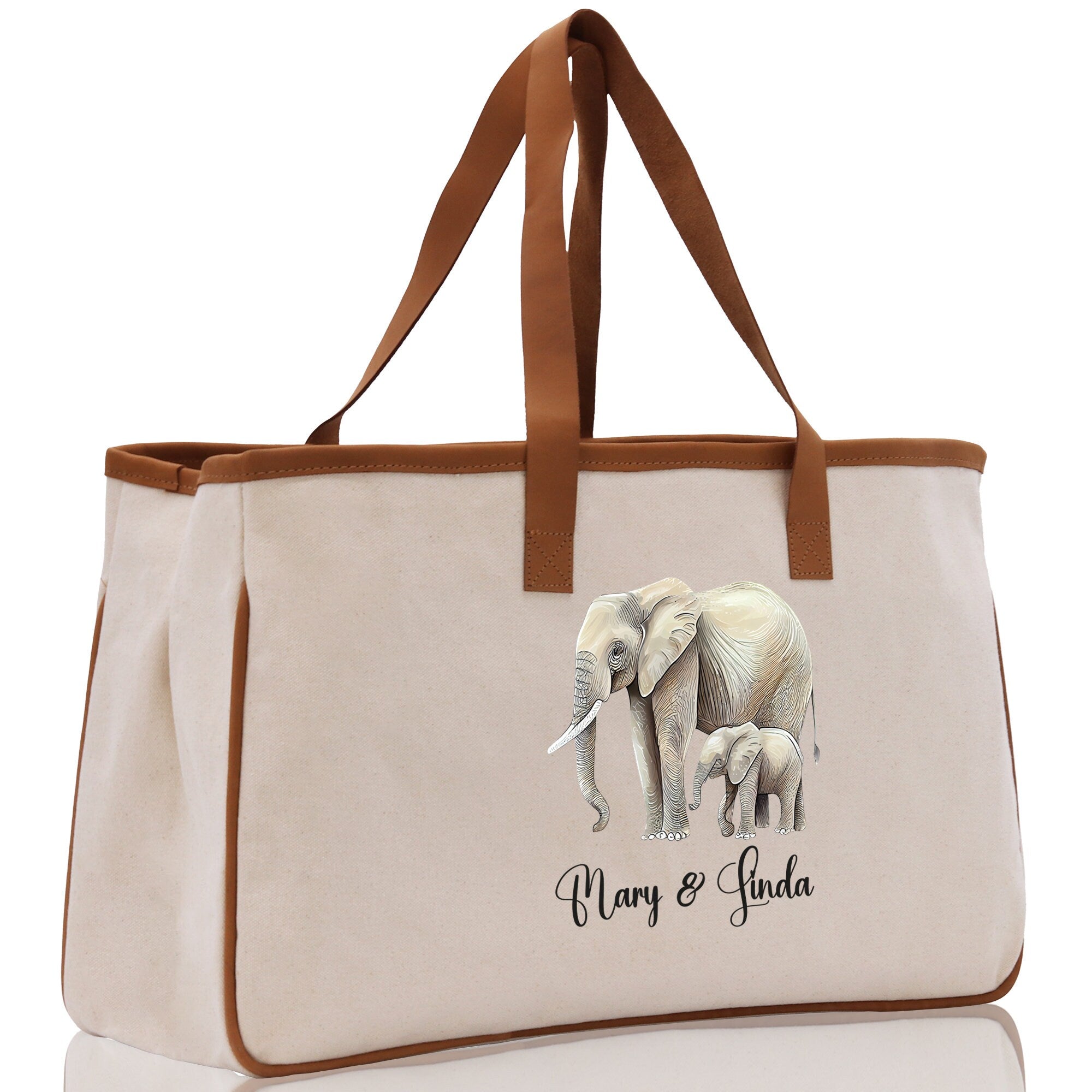 Elephant Mom And Baby Name Custom Cotton Canvas Tote Bag Custom Pet Lover Gift Pet Portrait Bag Personalized Pet Owner Gift Tote Bag