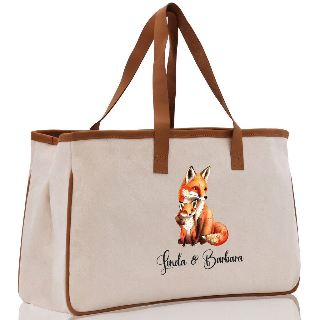 Fox Mom And Baby Name Custom Cotton Canvas Tote Bag Custom Pet Lover Gift Pet Portrait Bag Personalized Pet Owner Gift Tote Bag
