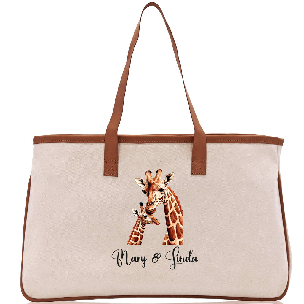 Giraffe Mom And Baby Name Custom Cotton Canvas Tote Bag Custom Pet Lover Gift Pet Portrait Bag Personalized Pet Owner Gift Tote Bag