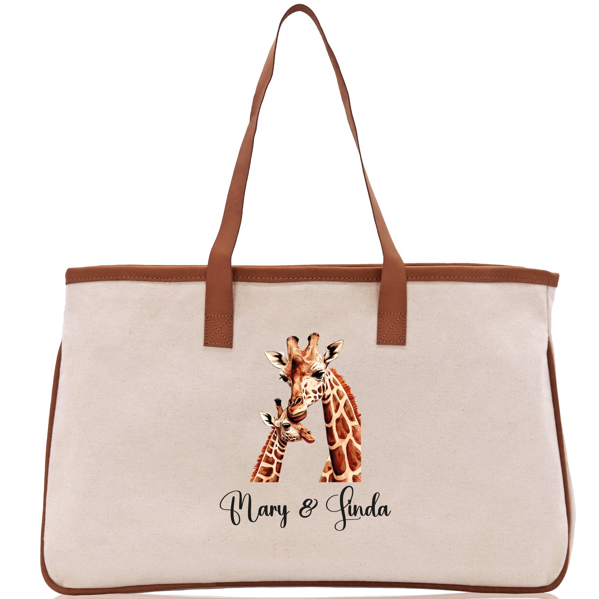 Giraffe Mom And Baby Name Custom Cotton Canvas Tote Bag Custom Pet Lover Gift Pet Portrait Bag Personalized Pet Owner Gift Tote Bag