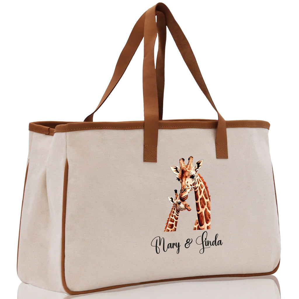 Giraffe Mom And Baby Name Custom Cotton Canvas Tote Bag Custom Pet Lover Gift Pet Portrait Bag Personalized Pet Owner Gift Tote Bag