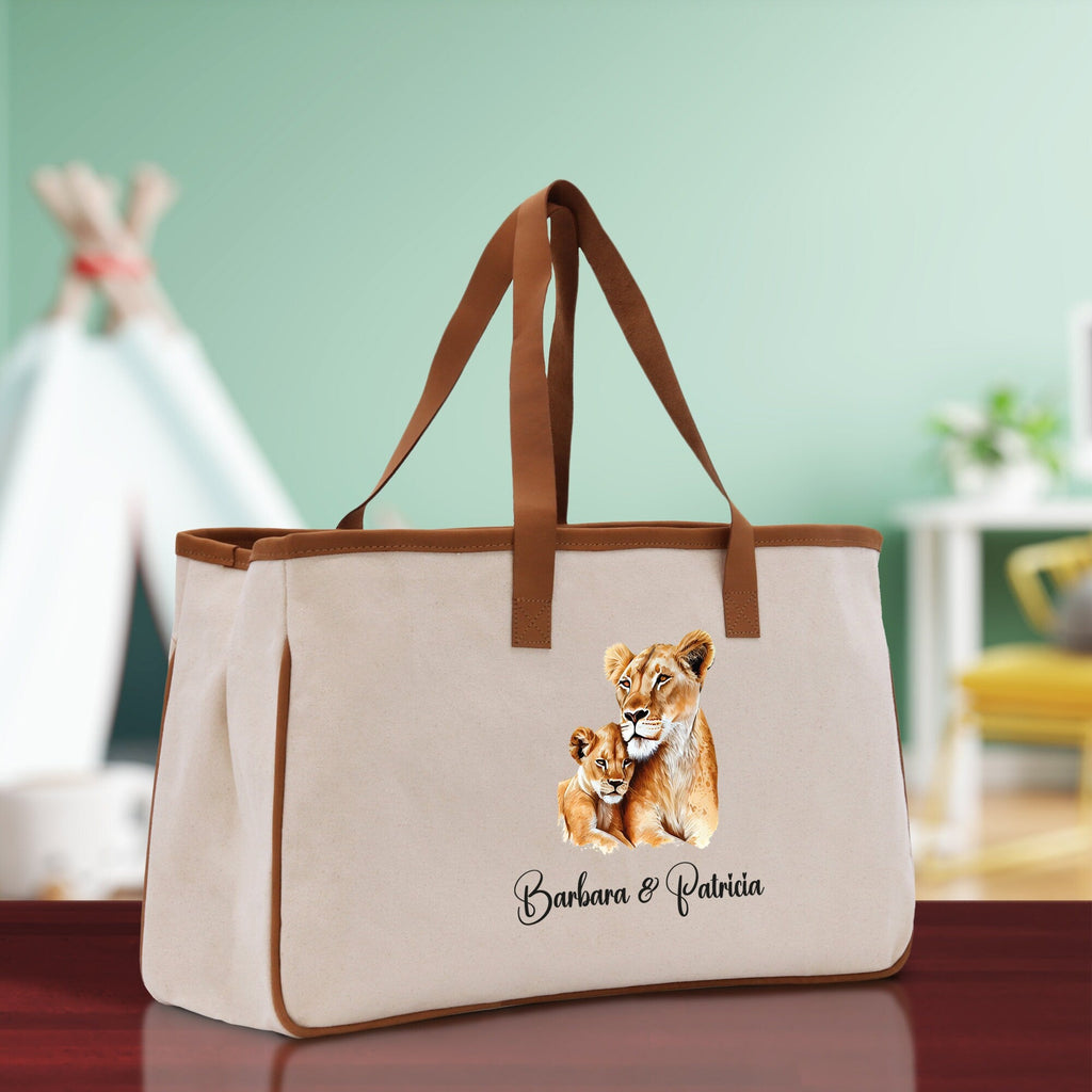 Lion Mom And Baby Name Custom Cotton Canvas Tote Bag Custom Pet Lover Gift Pet Portrait Bag Personalized Pet Owner Gift Tote Bag