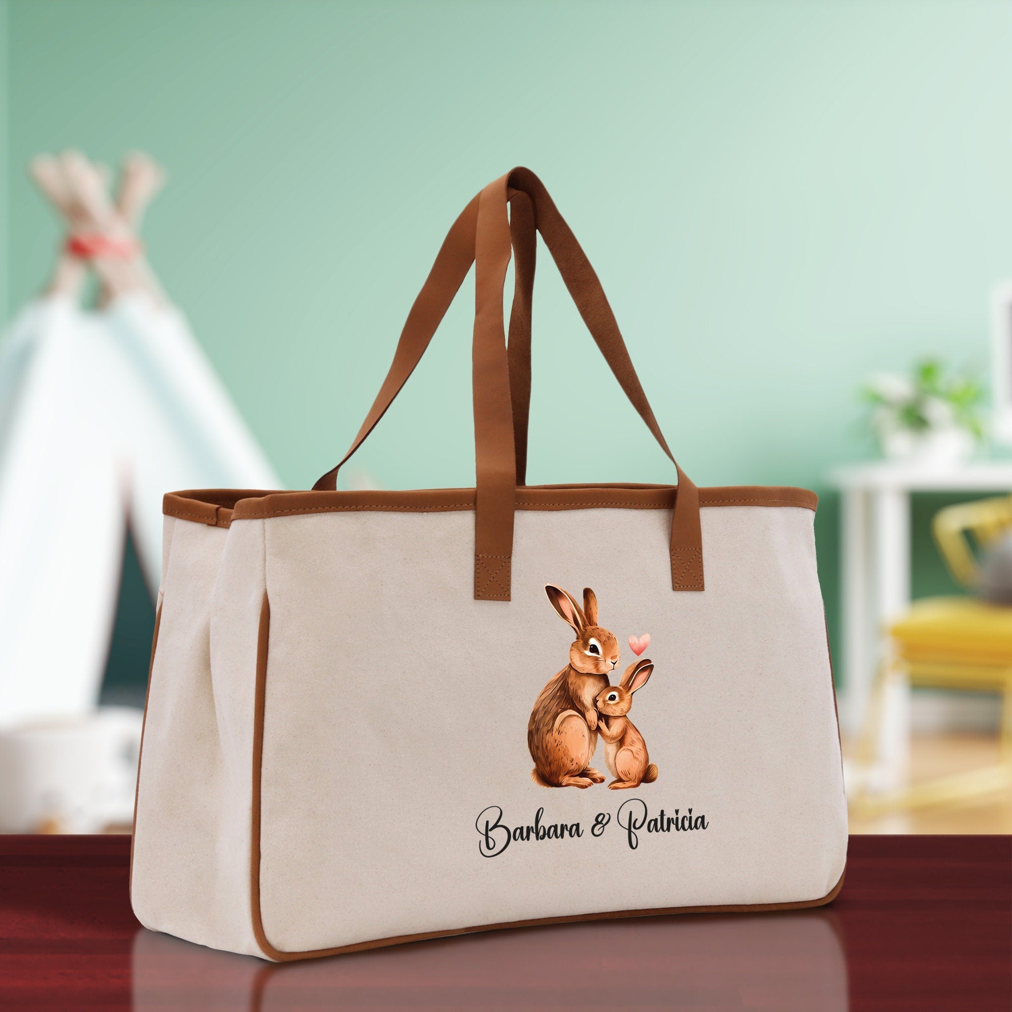 Rabbit Mom And Baby Name Custom Cotton Canvas Tote Bag Custom Pet Lover Gift Pet Portrait Bag Personalized Pet Owner Gift Tote Bag