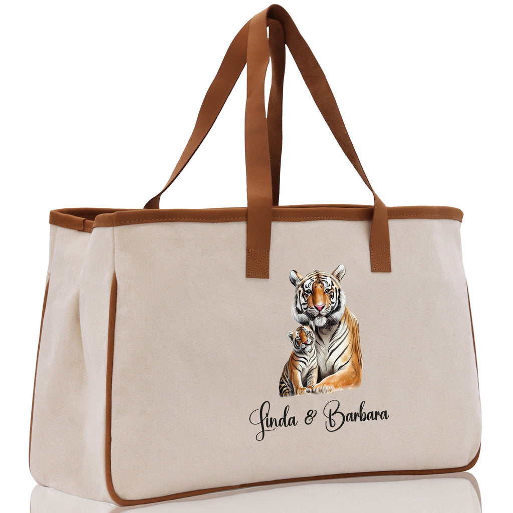 Tiger Mom And Baby Name Custom Cotton Canvas Tote Bag Custom Pet Lover Gift Pet Portrait Bag Personalized Pet Owner Gift Tote Bag