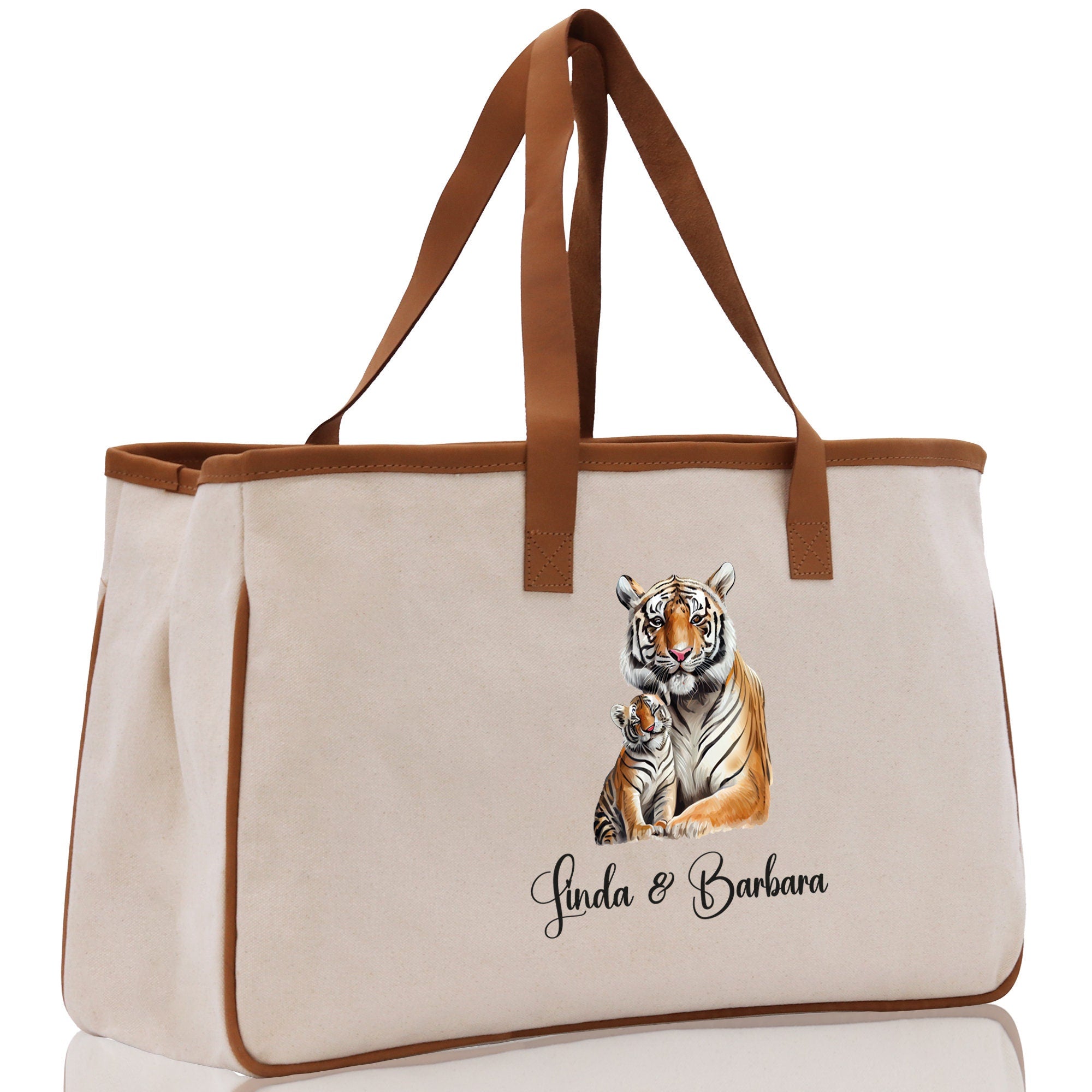 Tiger Mom And Baby Name Custom Cotton Canvas Tote Bag Custom Pet Lover Gift Pet Portrait Bag Personalized Pet Owner Gift Tote Bag