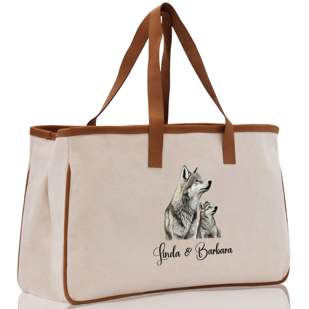 Wolf Mom And Baby Name Custom Cotton Canvas Tote Bag Custom Pet Lover Gift Pet Portrait Bag Personalized Pet Owner Gift Tote Bag