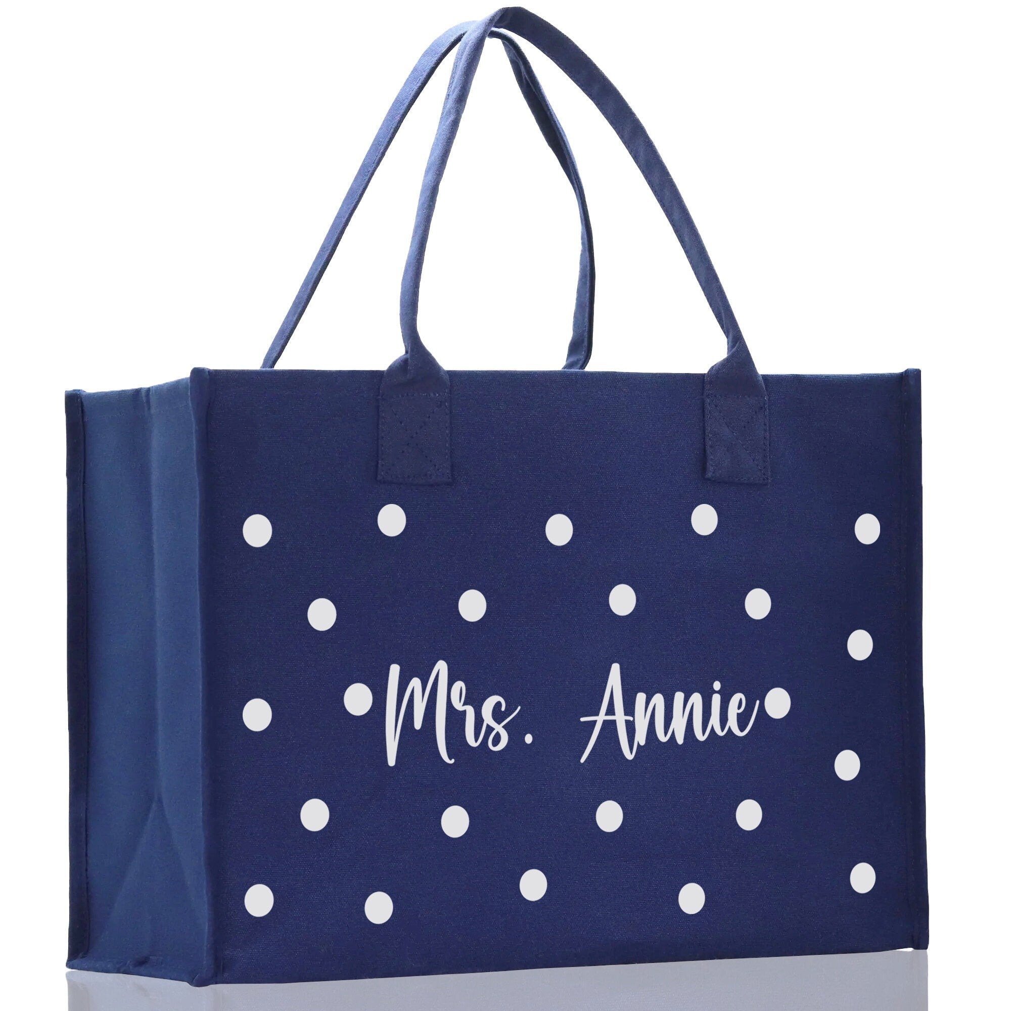 Polka Dot Mrs. Last Name Tote Bag Personalized Date Wedding Tote Bridal Shower Gift Honeymoon Gift Customized Wedding Gift Bridesmaid Gift