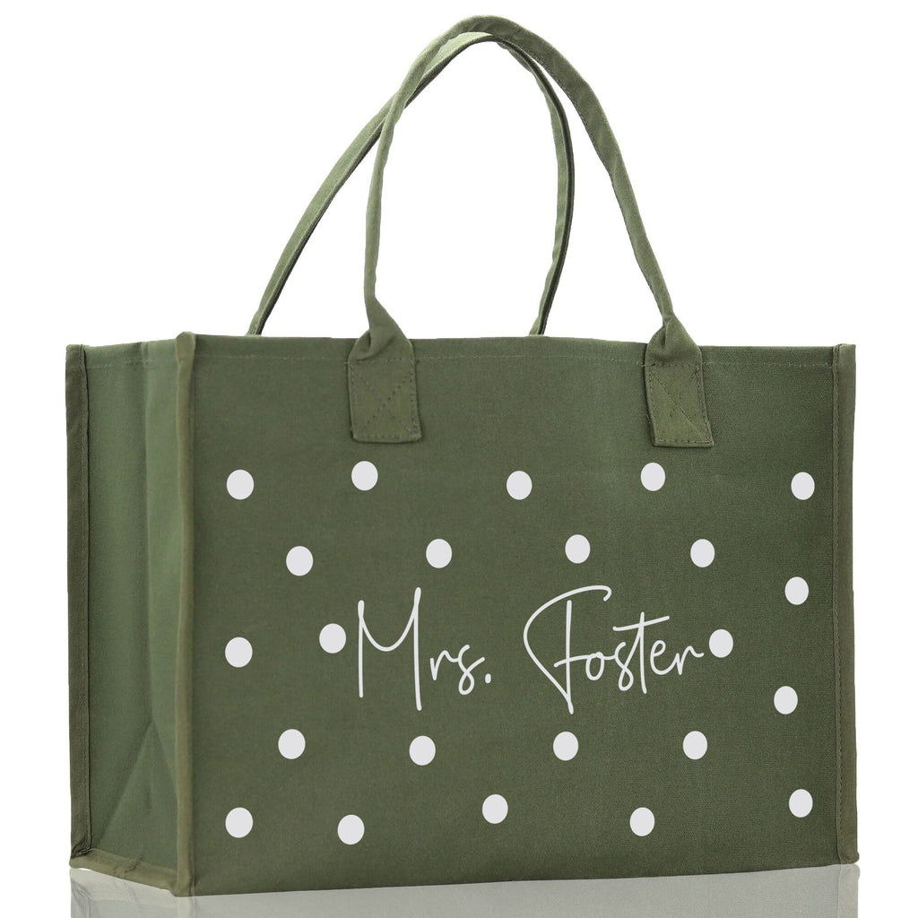 Polka Dot Mrs. Last Name Tote Bag Personalized Date Wedding Tote Bridal Shower Gift Honeymoon Gift Customized Wedding Gift Bridesmaid Gift