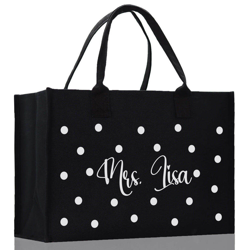 Polka Dot Mrs. Last Name Tote Bag Personalized Date Wedding Tote Bridal Shower Gift Honeymoon Gift Customized Wedding Gift Bridesmaid Gift