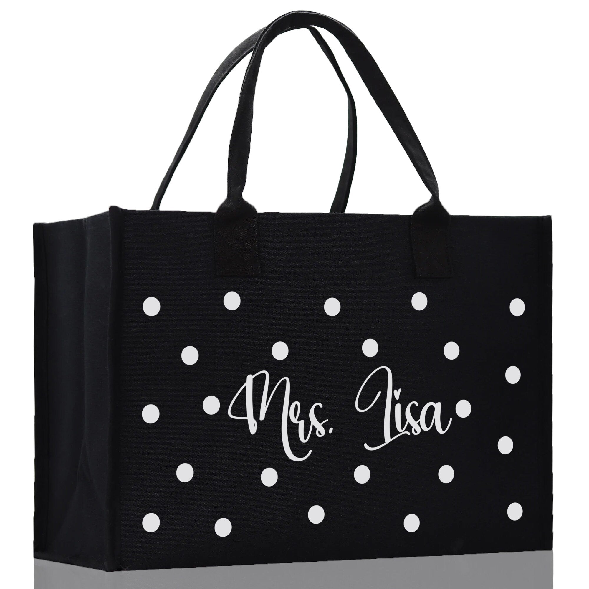 Polka Dot Mrs. Last Name Tote Bag Personalized Date Wedding Tote Bridal Shower Gift Honeymoon Gift Customized Wedding Gift Bridesmaid Gift