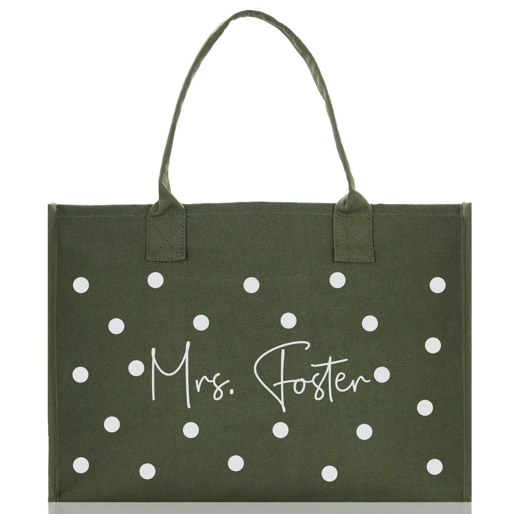 Polka Dot Mrs. Last Name Tote Bag Personalized Date Wedding Tote Bridal Shower Gift Honeymoon Gift Customized Wedding Gift Bridesmaid Gift