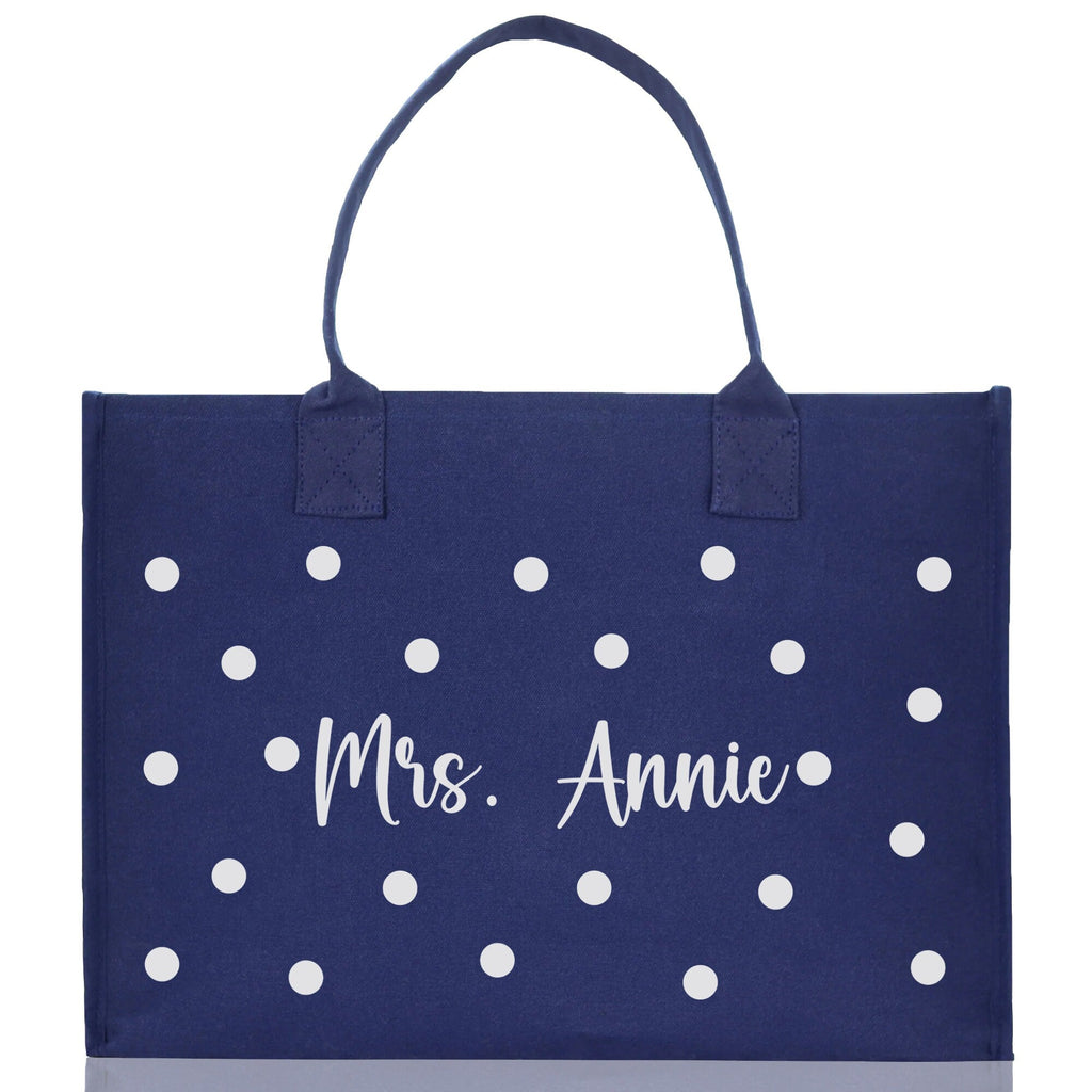Polka Dot Mrs. Last Name Tote Bag Personalized Date Wedding Tote Bridal Shower Gift Honeymoon Gift Customized Wedding Gift Bridesmaid Gift