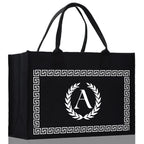 Greek Frame Personalized Cotton Canvas Beach Tote Bag Monogram Tote Bag Initial Canvas Tote Bridesmaid Gift Tote Custom Bag Gift for Her A-Z