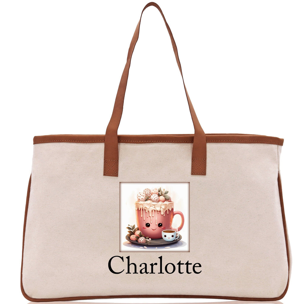 Cute Hot Cocoa and Cookies Custom Name Cotton Canvas Tote Bag Personalized Christmas Party Invitation Bag Xmas Gift Holiday Party Invite Bag