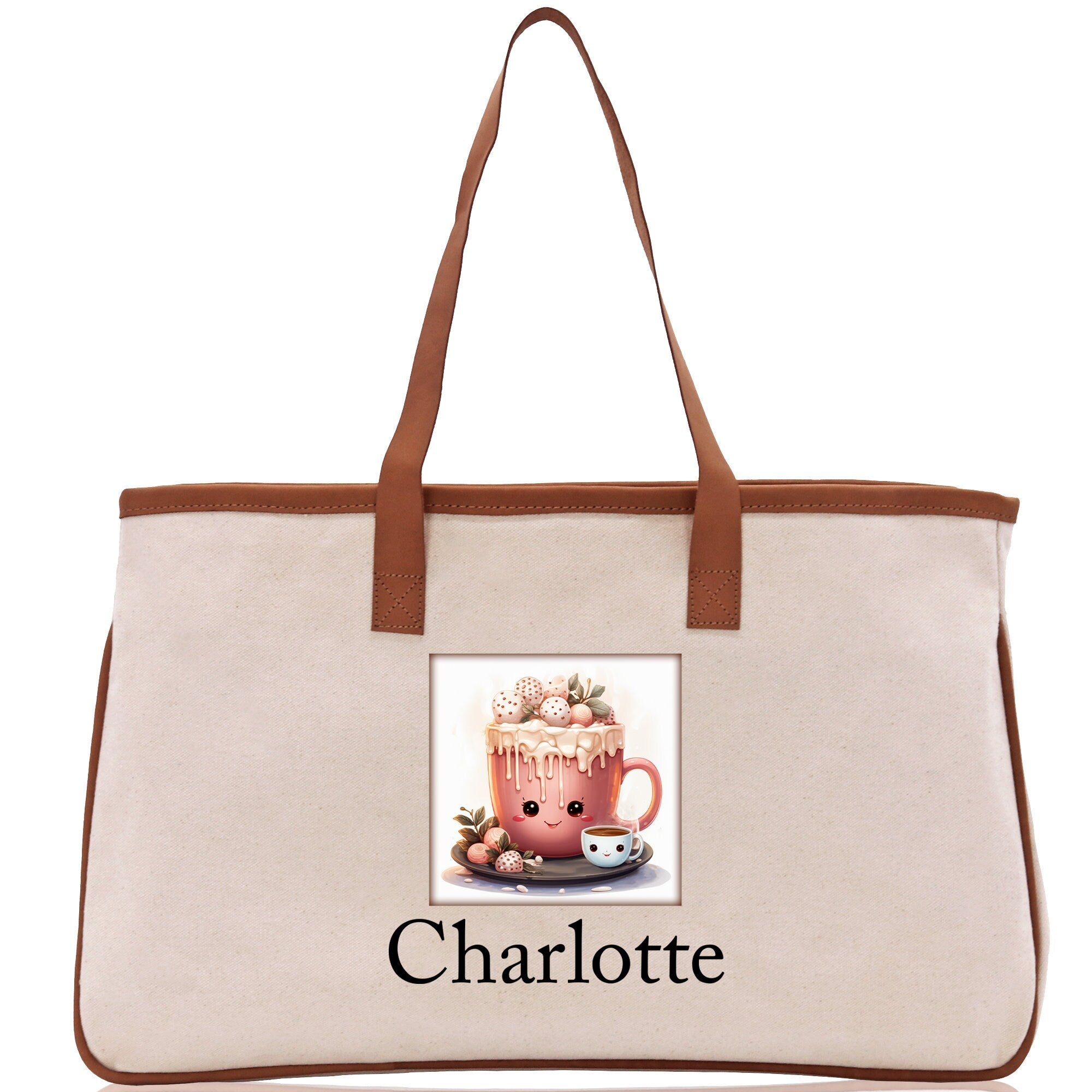 Cute Hot Cocoa and Cookies Custom Name Cotton Canvas Tote Bag Personalized Christmas Party Invitation Bag Xmas Gift Holiday Party Invite Bag