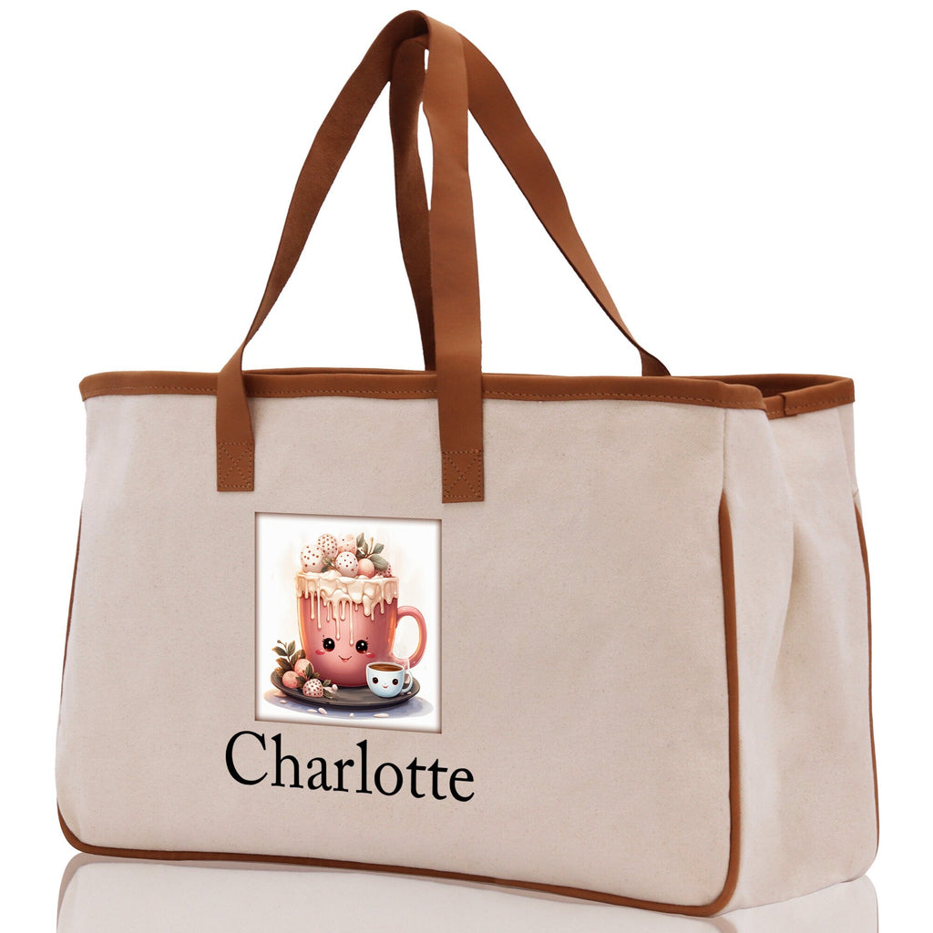 Cute Hot Cocoa and Cookies Custom Name Cotton Canvas Tote Bag Personalized Christmas Party Invitation Bag Xmas Gift Holiday Party Invite Bag