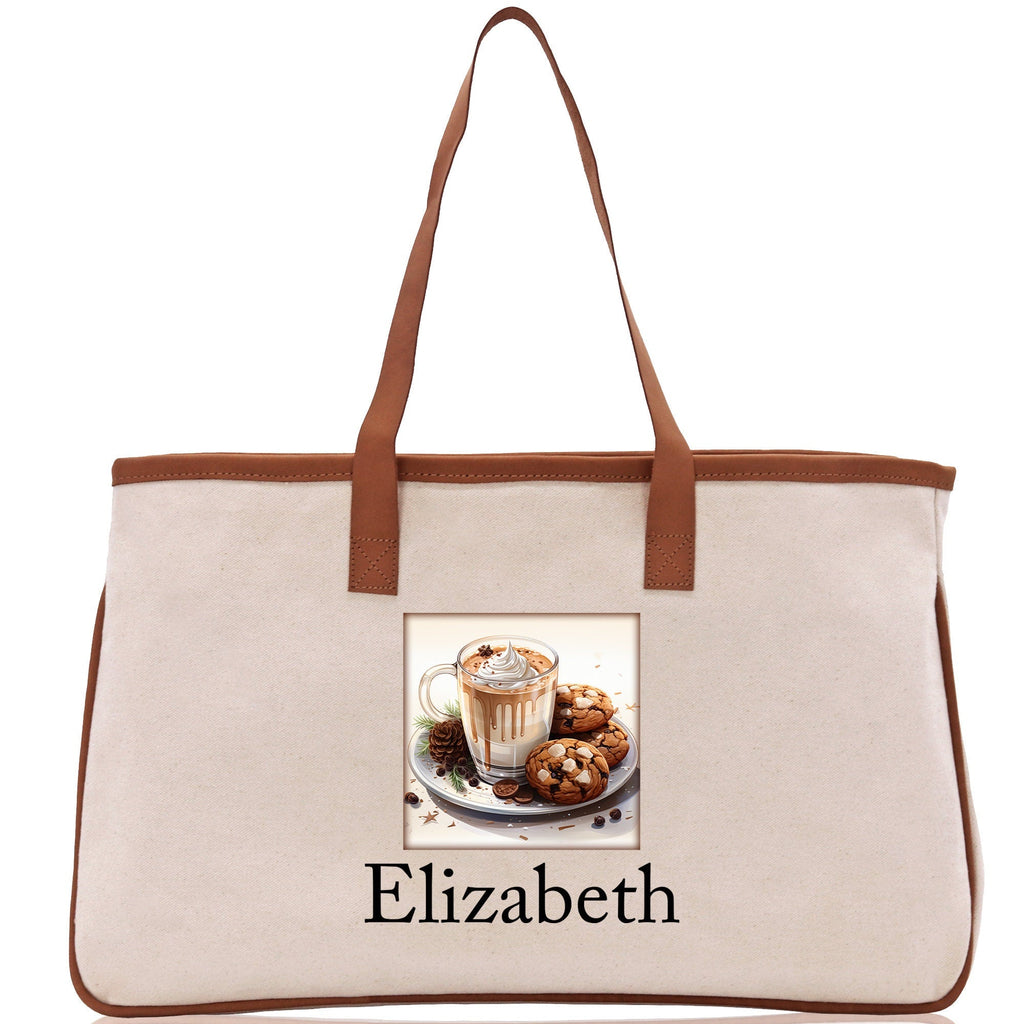 Cute Hot Cocoa and Cookies Custom Name Cotton Canvas Tote Bag Personalized Christmas Party Invitation Bag Xmas Gift Holiday Party Invite Bag