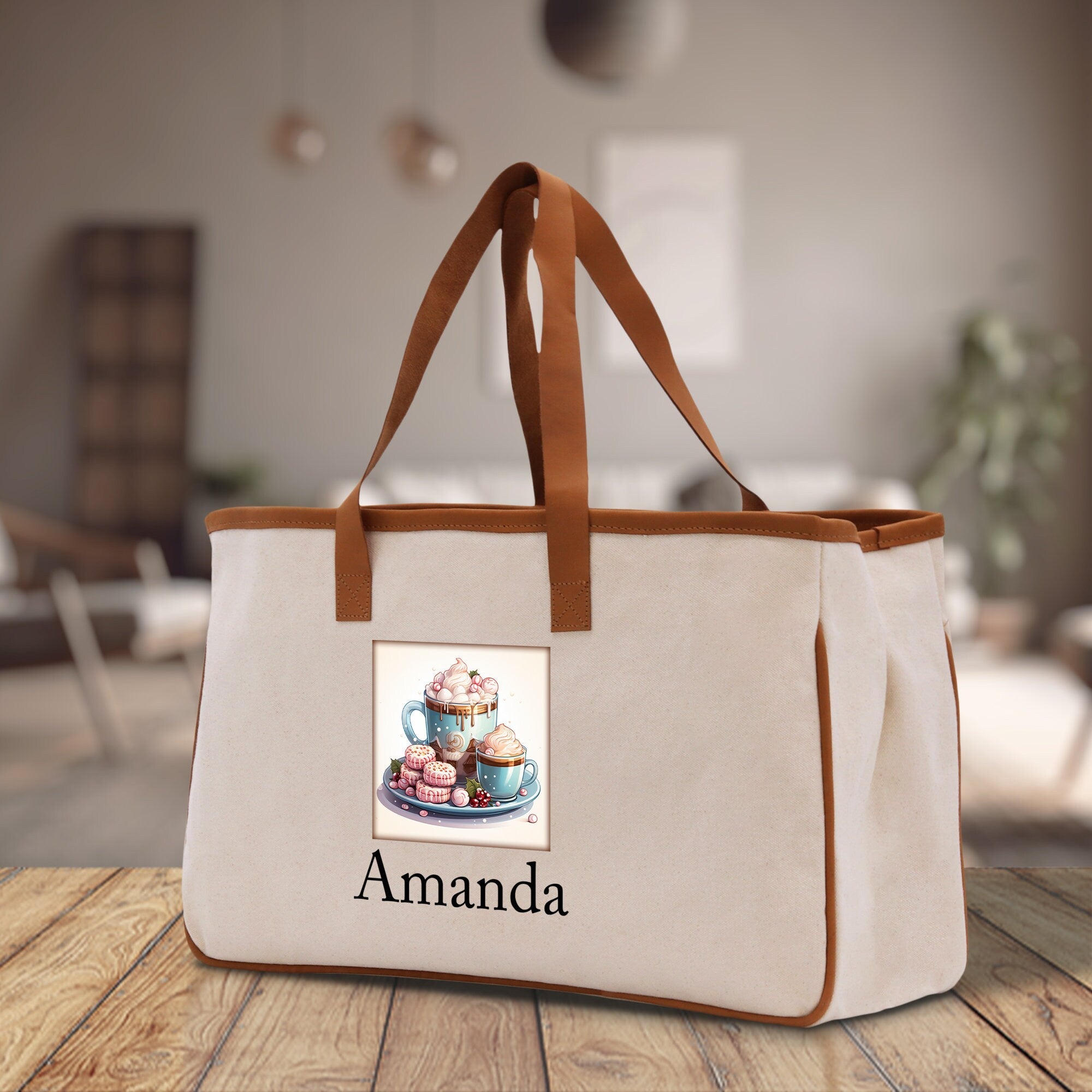 Cute Hot Cocoa and Cookies Custom Name Cotton Canvas Tote Bag Personalized Christmas Party Invitation Bag Xmas Gift Holiday Party Invite Bag