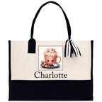 Cute Hot Cocoa and Cookies Custom Name Cotton Canvas Tote Bag Personalized Christmas Party Invitation Bag Xmas Gift Holiday Party Invite Bag