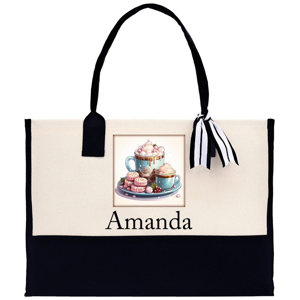 Cute Hot Cocoa and Cookies Custom Name Cotton Canvas Tote Bag Personalized Christmas Party Invitation Bag Xmas Gift Holiday Party Invite Bag