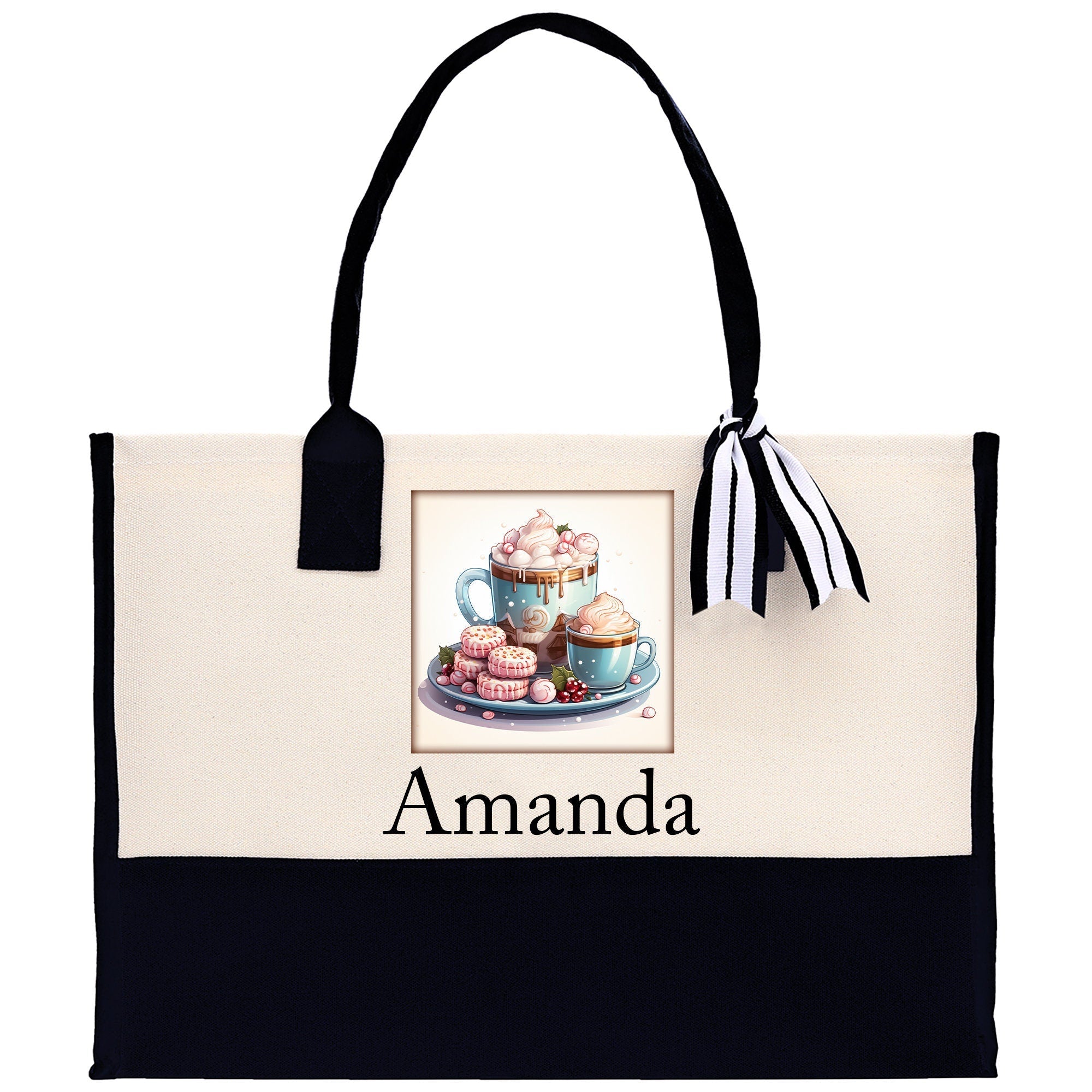 Cute Hot Cocoa and Cookies Custom Name Cotton Canvas Tote Bag Personalized Christmas Party Invitation Bag Xmas Gift Holiday Party Invite Bag