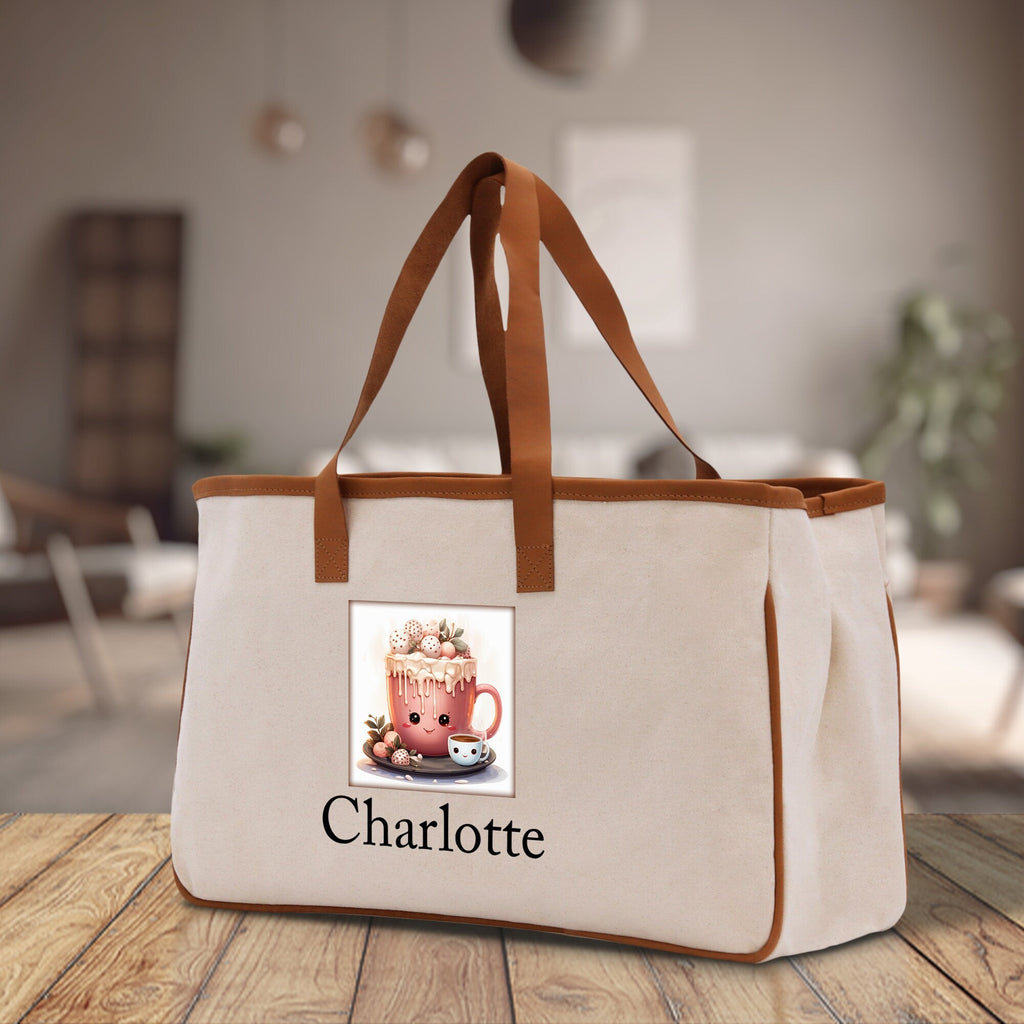Cute Hot Cocoa and Cookies Custom Name Cotton Canvas Tote Bag Personalized Christmas Party Invitation Bag Xmas Gift Holiday Party Invite Bag
